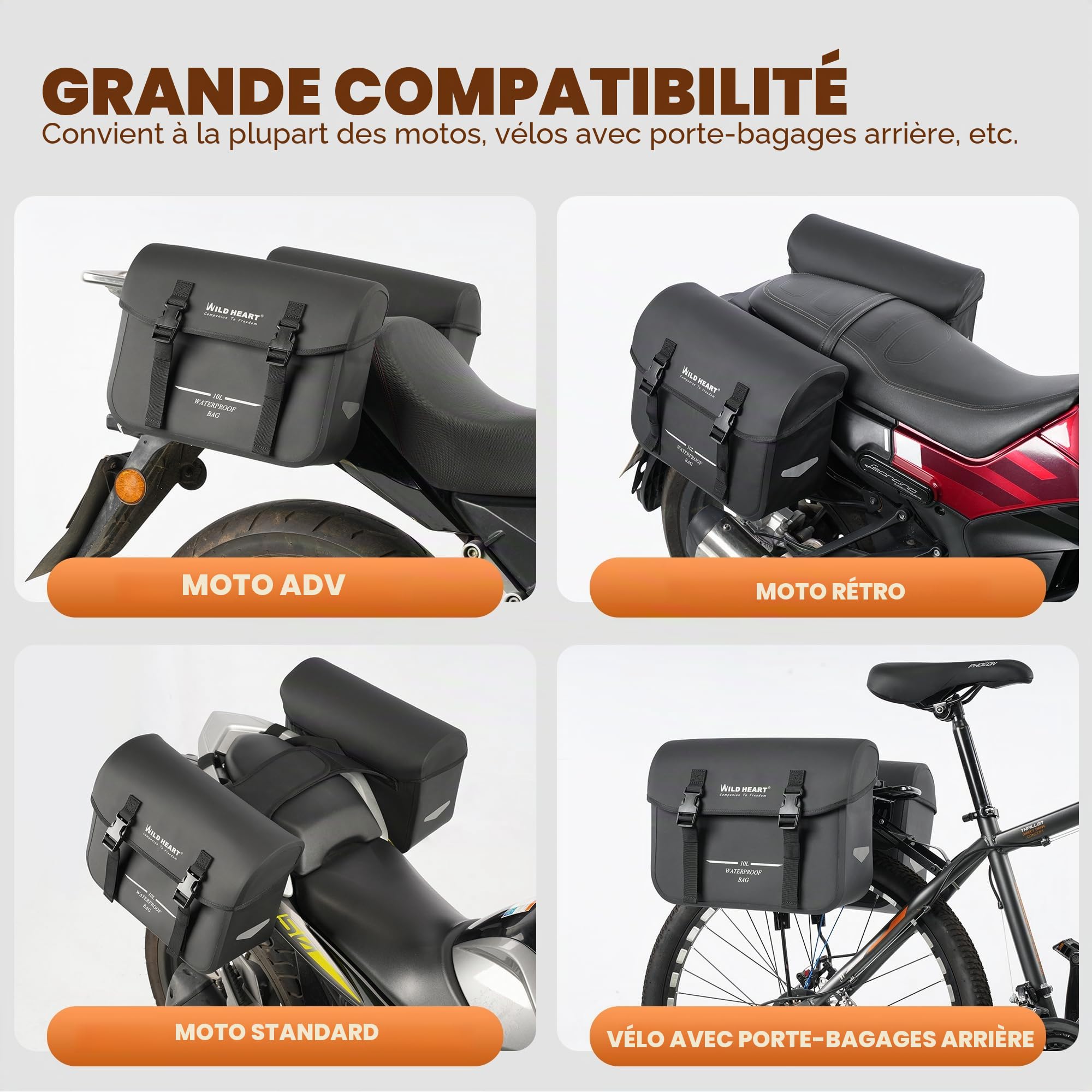 WILD HEART Sacoches de moto étanches Sac arrière rétro 20L (10L*2) pour Sportster Softtail Dyna Road King pas besoin de couverture anti-pluie
