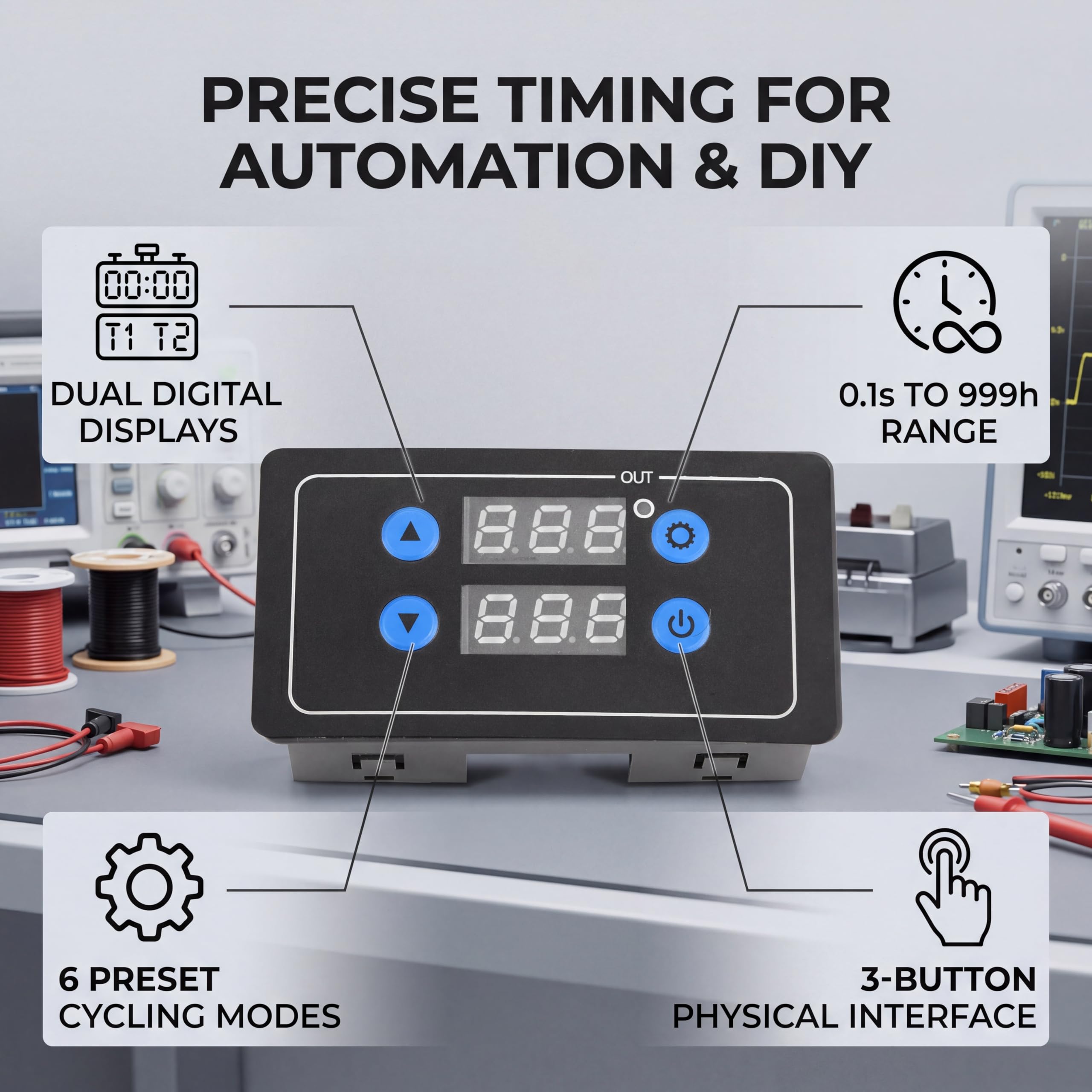 Timer Digitale YF-4 - Modulo Relè con Ritardo Accensione Spegnimento, Display LED, 12V DC, Accessorio Elettronico per Controllo Automatico Illuminazione e Pompe