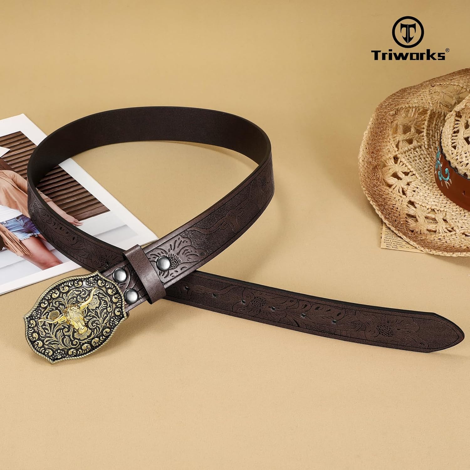 TRIWORKS Western PU Leather Belt for Men and Women Cowboy Cowgirl Belt Western Embossed Leather Belt - Image 8