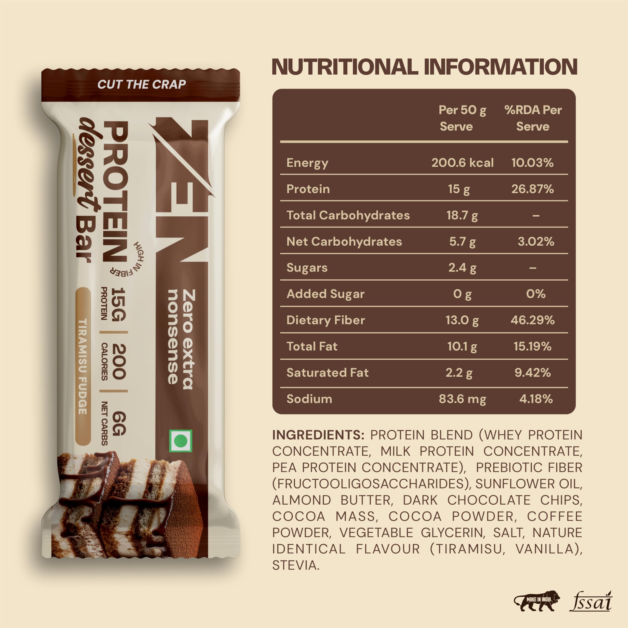 ZEN Protein Dessert Bar Tiramisu Fudge Pack of 6 (50g Each) | 15g Protein, 13 gram Fiber, 200 Calories, 6g Net Carbs | No Added Sugar | No Palm Oil | Healthy Snack — Amazon image 3