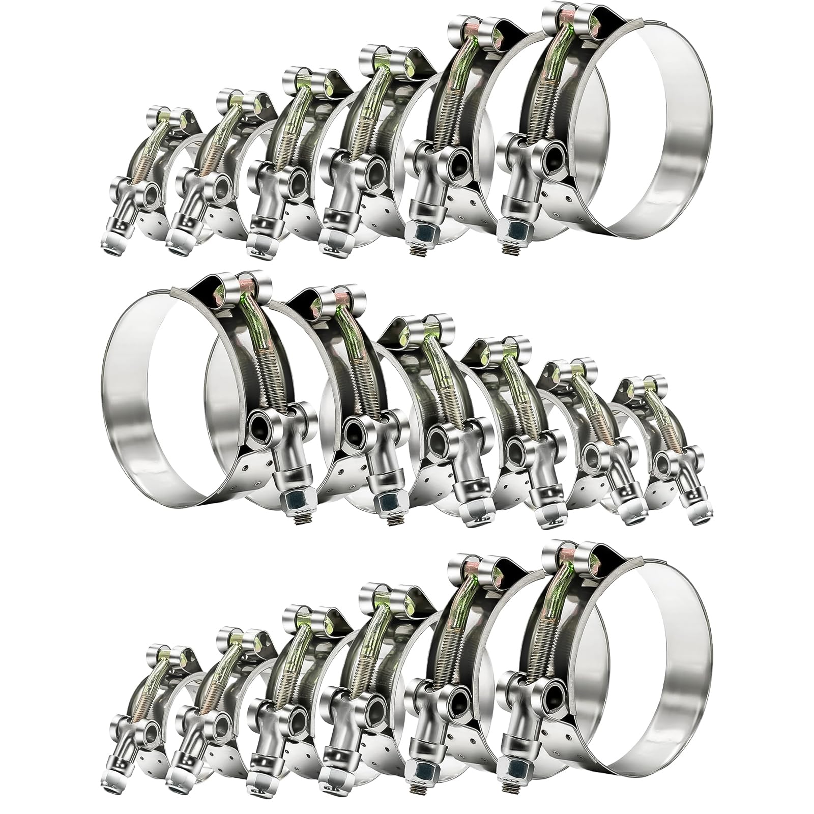 Goobetter 18 Pcs 6 Sizes T-Bolt Hose Clamp, Radiator Heavy Duty Hose Clamps, Working Range 28-64mm for 3/4"-2" Hose ID, 304 Stainless Steel Turbo