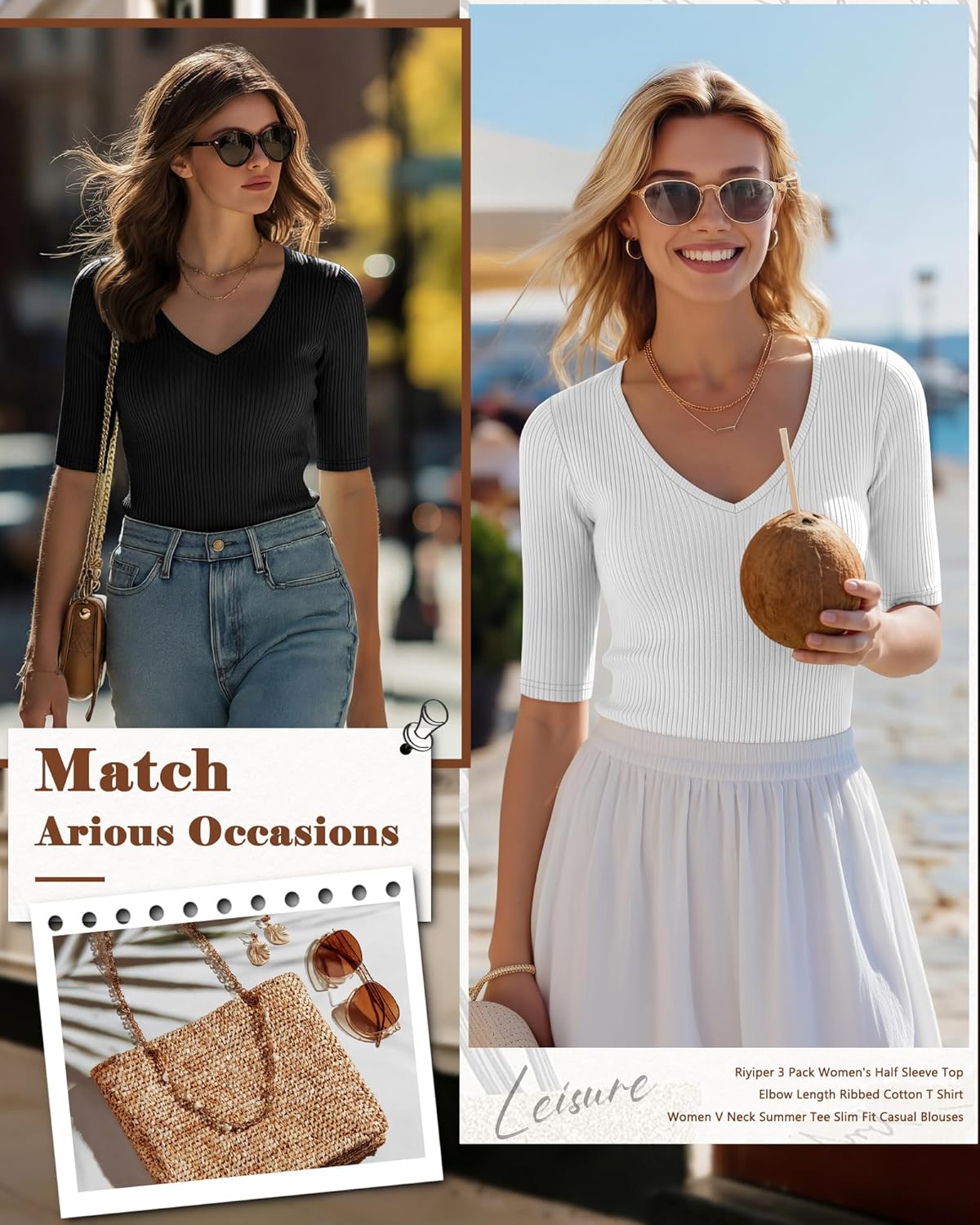 Riyiper 3 Pack Women's Half Sleeve Top Elbow Length Ribbed Cotton T Shirt Women V Neck Summer Tee Slim Fit Casual Blouses - Image 6