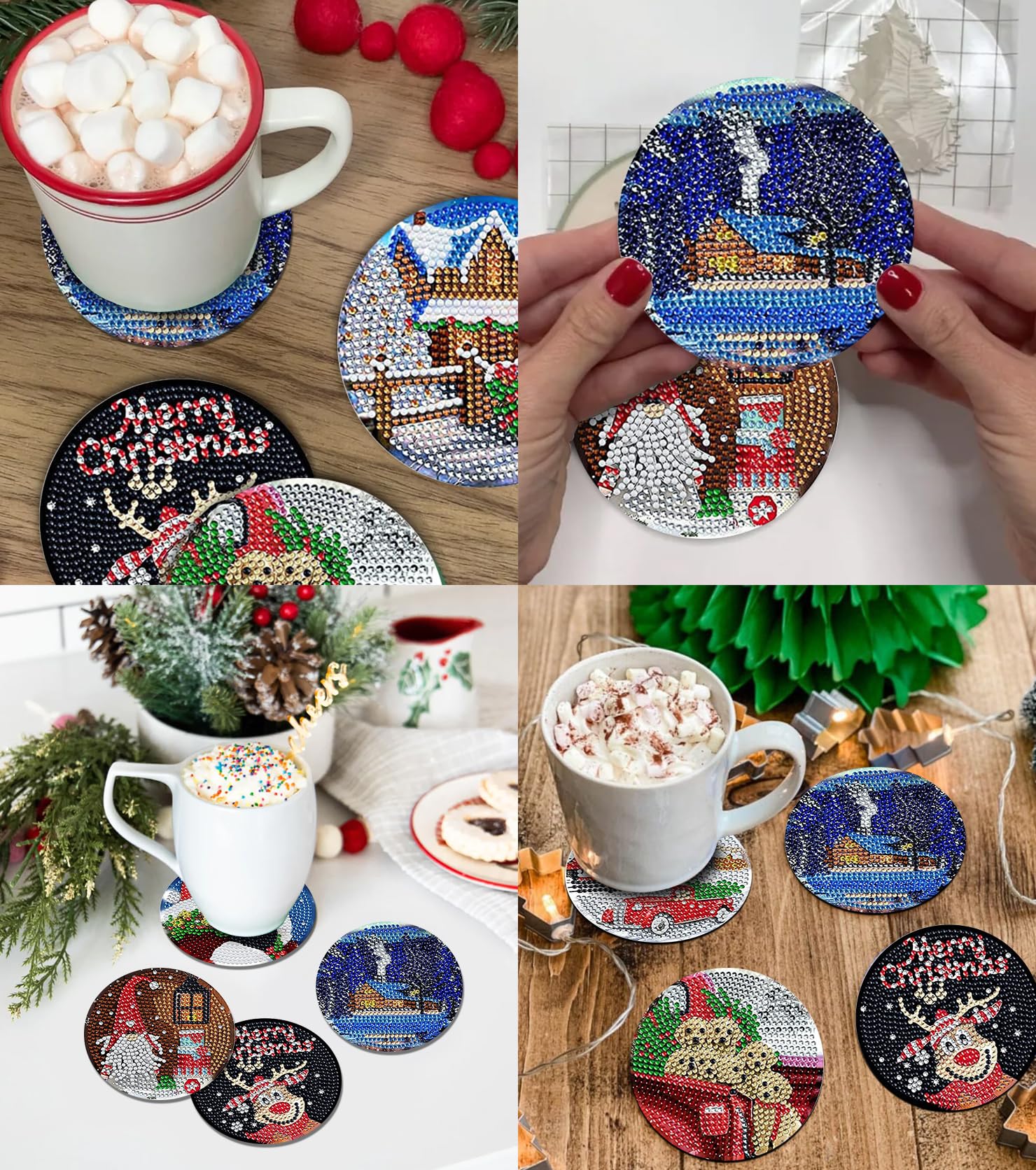 8 Pièce Dessous De Verre Peinture Diamant Noël Mosaïque Diamant Peinture Dessous De Verre En Support Bonhomme De Neige Strass Rond Sous-Verres Art De Diamant Pour Adultes Enfants Debutant Cadeau