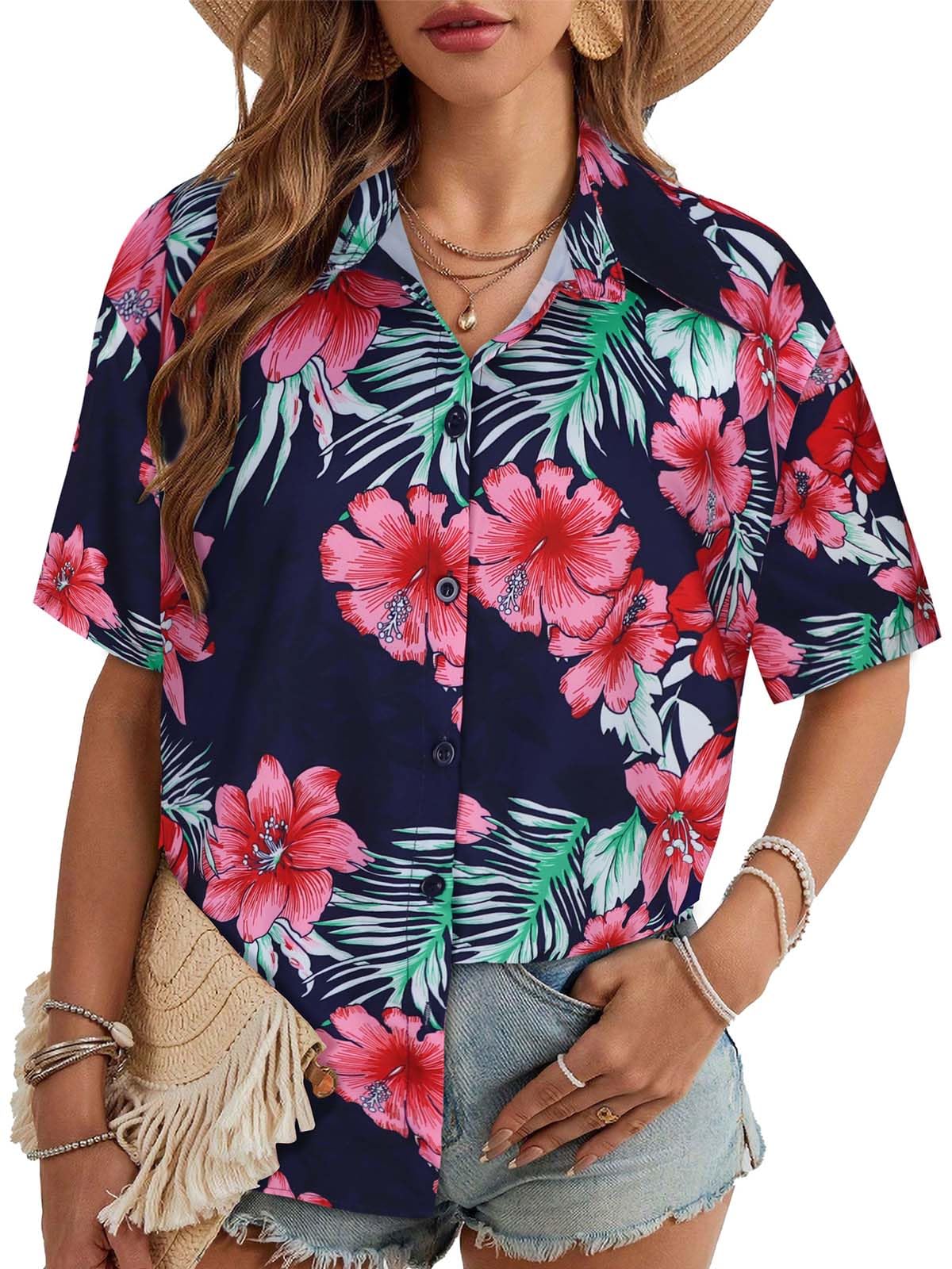 CHICALLURE Womens Hawaiian Shirts Summer Floral Print Shirt Short Sleeve Tropical Tops Casual Button Down Blouse