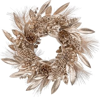 40CM Weihnachtskranz Champagner Künstlicher Türkranz mit Magnolienblättern Beeren Tannenzapfen Weihnachtsdeko für Winter Weihnachten Dekoration