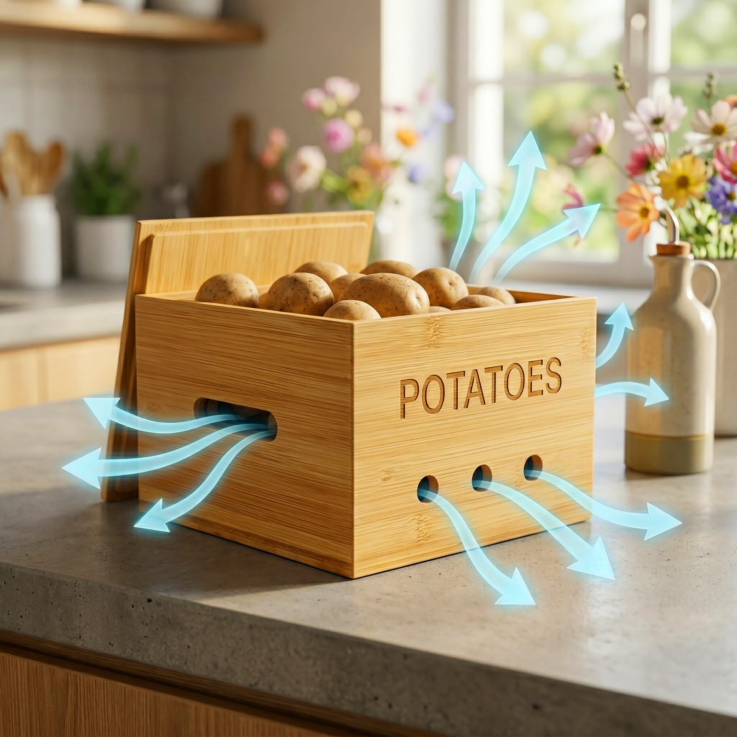 Relaxdays Cajas de almacenamiento de bambú natural, 3 tamaños, cocina | para patatas, cebollas y ajo