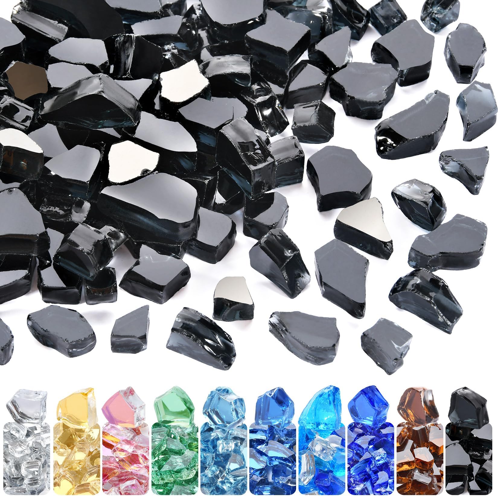 GasSaf 1/2 Inch Fire Glass Reflective Tempered Fireglass Cut Crushed FireGlass for Fire Pit, Fireplace, Replaces Existing Gas Logs & Lava Rocks (20 Pound)(Black Reflective)