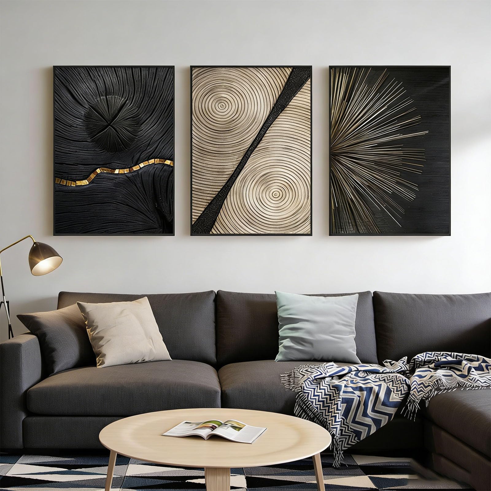 JLCZBT Set de 3 pósteres de diseño, negro y oro, imágenes de arte abstracto para la pared, fotos en línea, oro, decoración del salón, sin marco (anillos de árbol dorados, 40x60cm)
