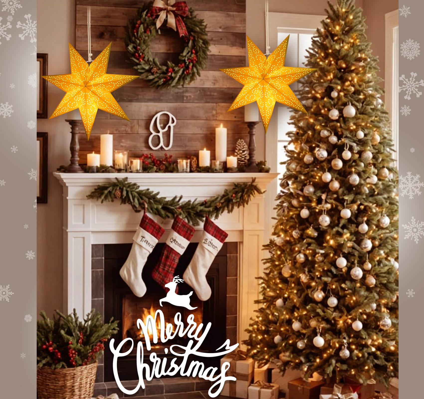 HOUISM 3Stück Weihnachtsstern Papierstern Lampenschirm Faltsterne 45cm 7-zackig Papier Faltsterne für Hochzeitsfeier Home Geburtstag Fensterdeko