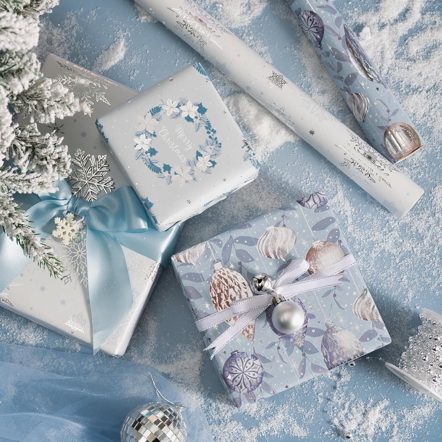 LeZakaa Blue Christmas Wrapping Paper Mini Roll, Silver Blue Winter Ornaments, Floral Wreath, Snowflake Holiday Gift Wrap, Arts Craft, for Xmas Winter Party Men Women, 17 x 120 inches, 3 Rolls image 2