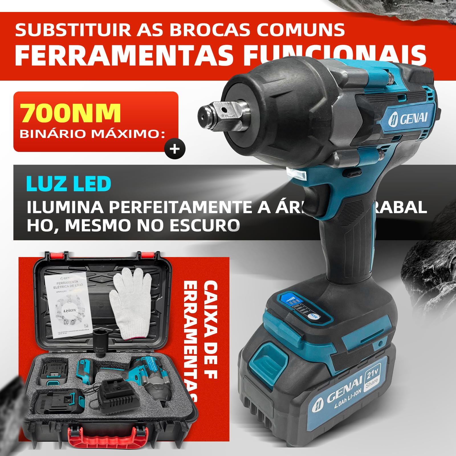 Chave Elétrica de Impacto sem Fio 21V com 2 Baterias, 700Nm Torque