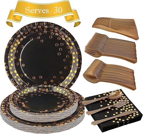 Choha 180 piezas de suministros de fiesta negros y dorados, sirve para 30 invitados desechables para fiestas, platos de papel negro, servilletas,