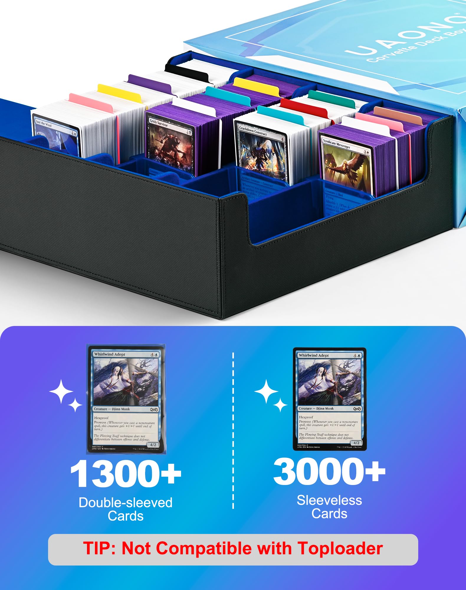UAONO Card Storage Box for Trading Cards, 2400 MTG Commander Deck Box with 24 Pieces Colorful Dividers, Card Holder Suitable for Magic TCG PTCG Game Cards (Black & Grey