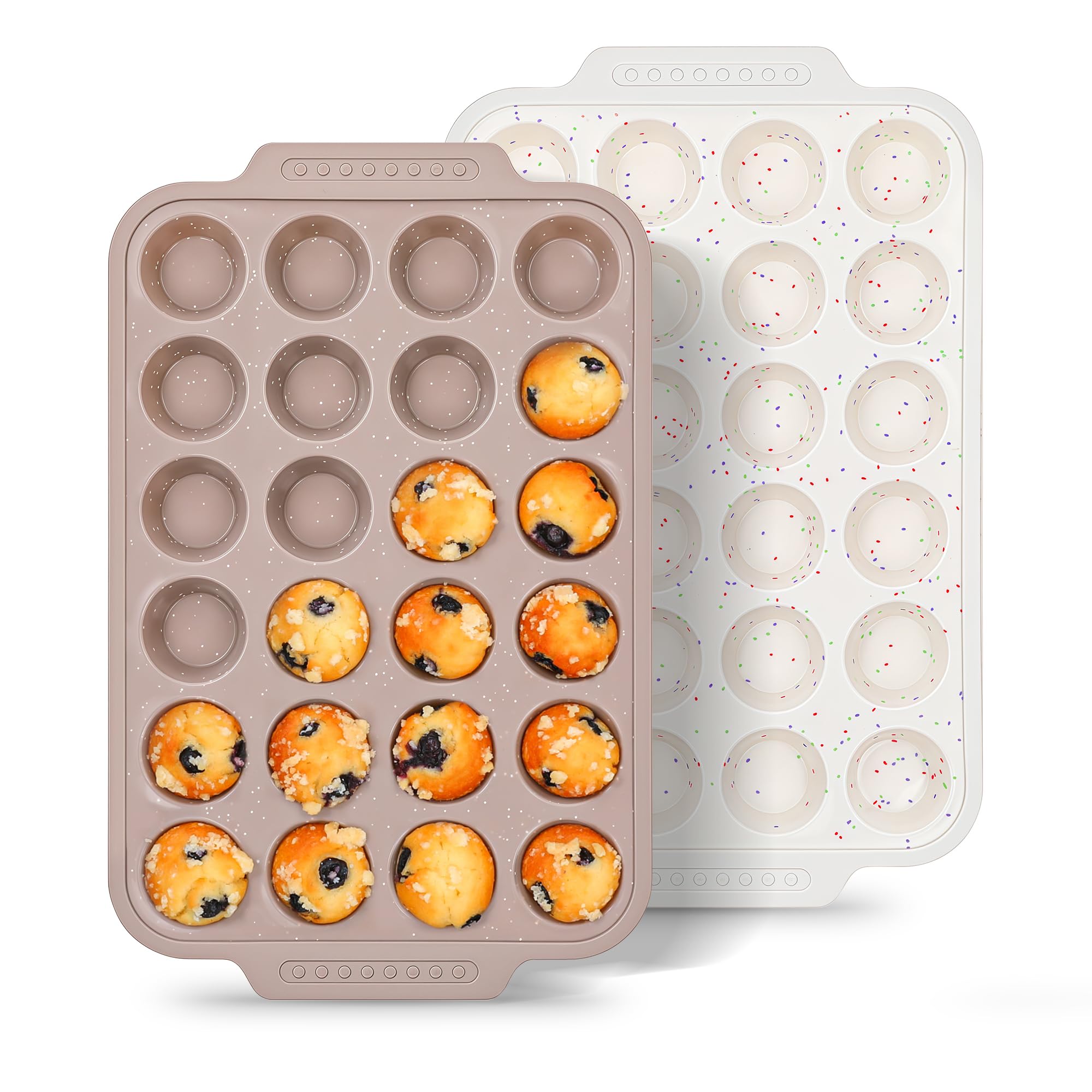 2 Pcs Silicone Muffin Pans for Baking with Metal Reinforced Frame, Nonstick Cupcake Tray for Oven, 24 Cups Mini Size Silicone Molds for Egg Bites, Dishwasher Safe (Brown, Cream)