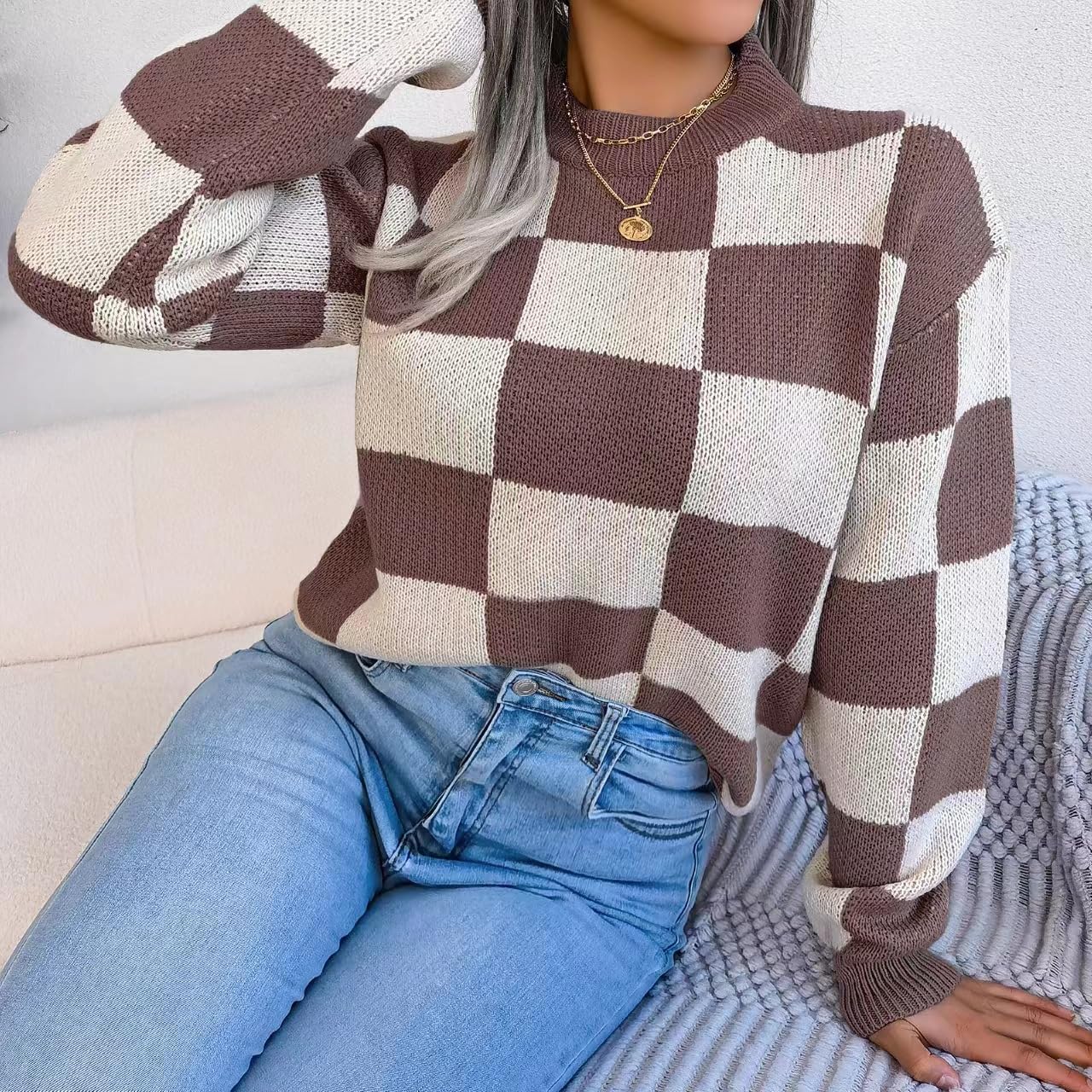 Women's Color Block Checkered Crew Neck Long Sleeve Y2K Plaid Knitted Pullover Sweater Tops Vintage Preppy Style Knitwear - Image 7