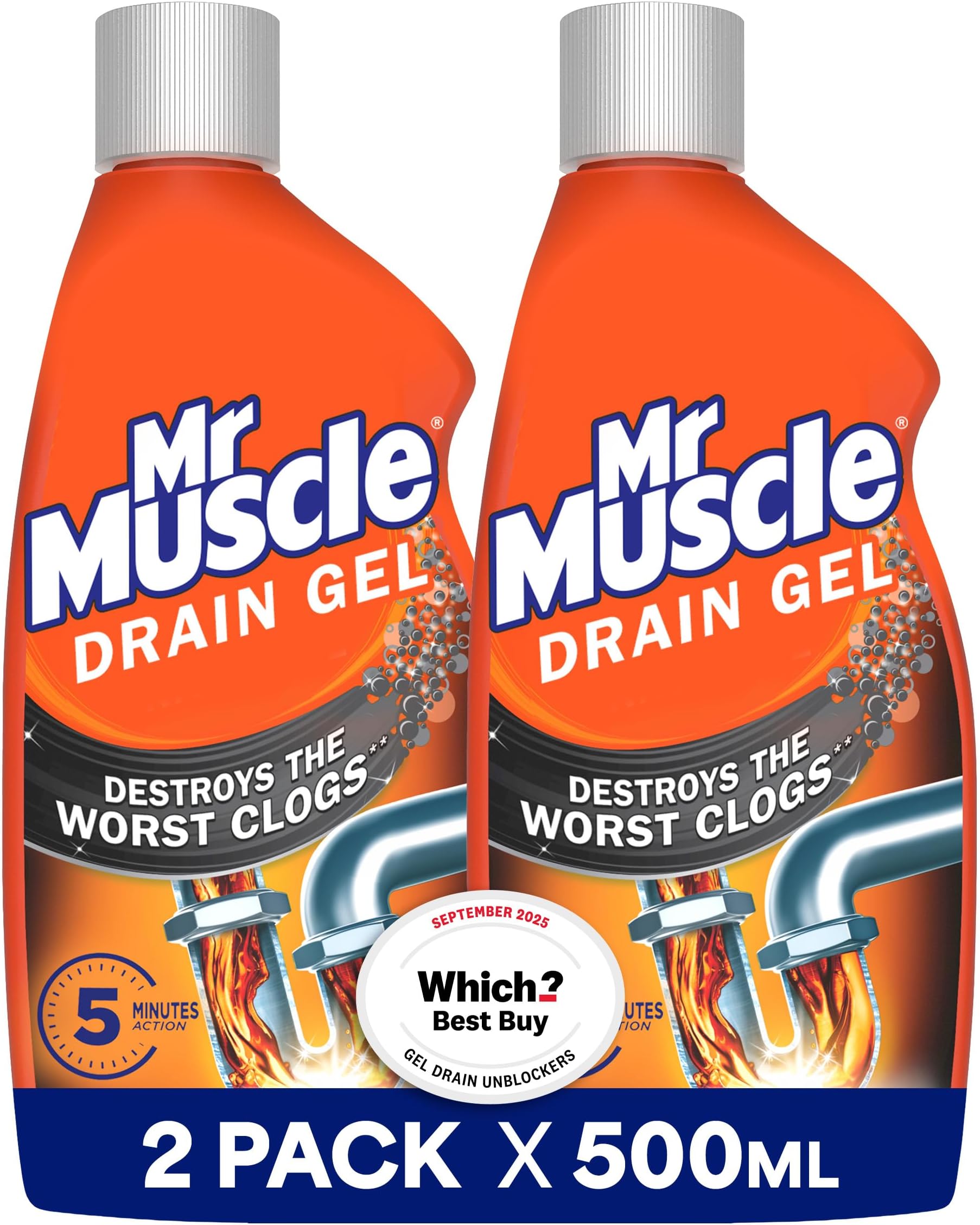 Mr Muscle Drain Unblocker Liquid (2 x 500ml), Sink & Drain Cleaner, Strong & Fast Acting Heavy Duty Drain Gel, Dissolves Clogs, Safe for All Pipes