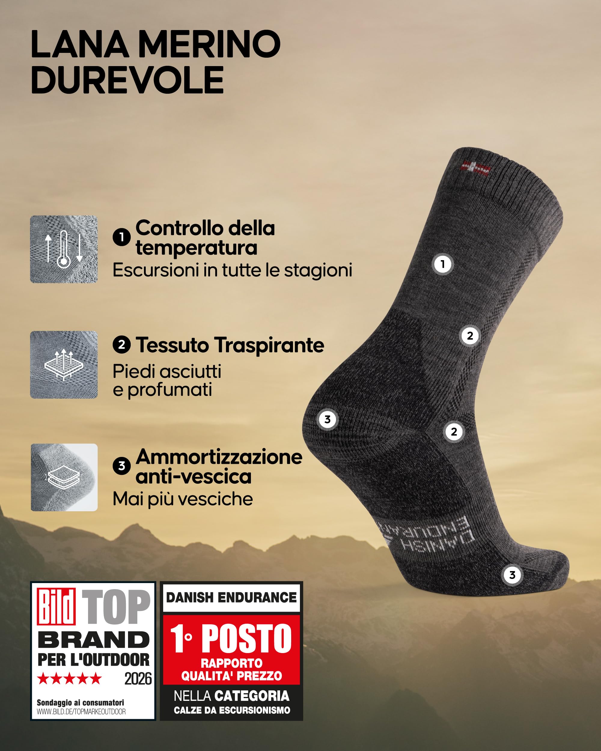 DANISH ENDURANCE Calze Trekking in Lana Merino, Anti-Vesciche, Calzini Escursionismo da Uomo, Donna, Bambino, 3 Paia
