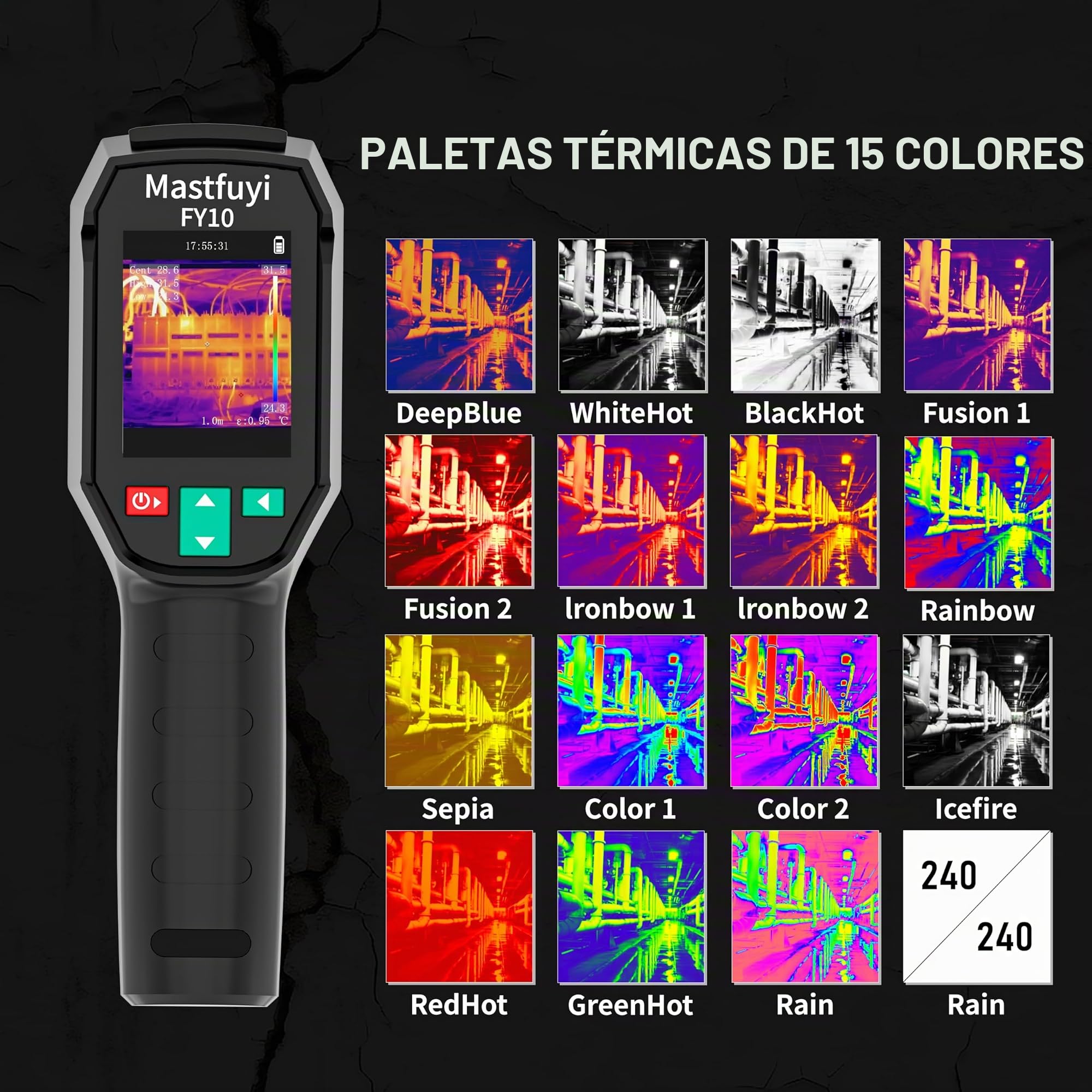 Cámara termográfica, cámara termográfica infrarroja -20℃~550℃, resolución IR 96 x 96, 25 Hz, campo de visión 50°, TFT-LCD de 2,4 pulgadas, batería de 8 horas para inspecciones industriales