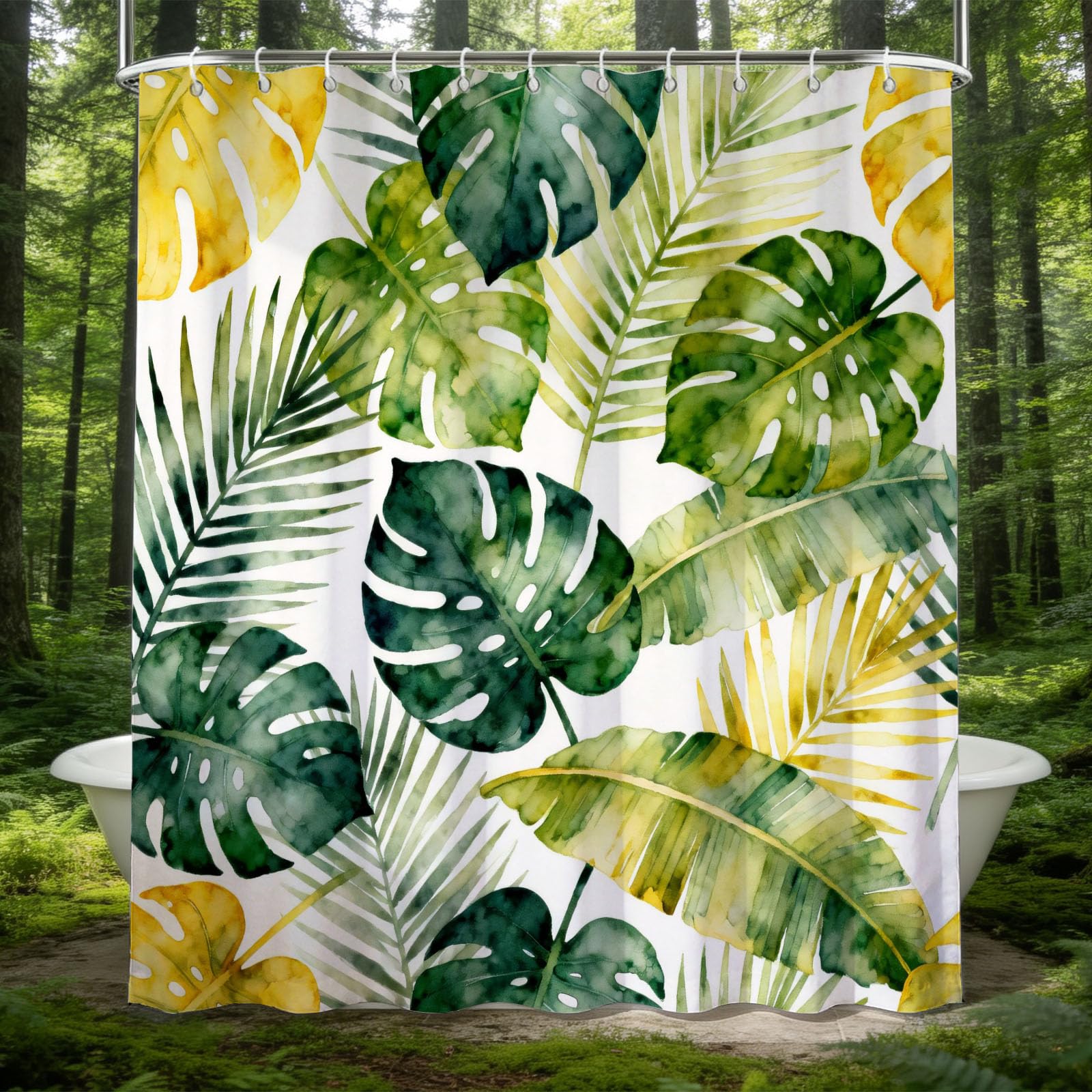 Hongduo 3D Monstera Shower Curtain for Stalls Bathtubs Watercolor Bathroom Decor Shower Curtain Set Polyester Fabric Waterproof 180x200cm/71X79 Inch with Hooks