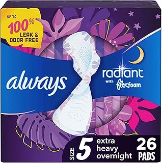 Always Radiant Feminine Pads for Women, Size 5 Extra Heavy Overnight Pads, with Flexfoam, with Wings, Light Clean Scent, 26 count (Pack of 1)