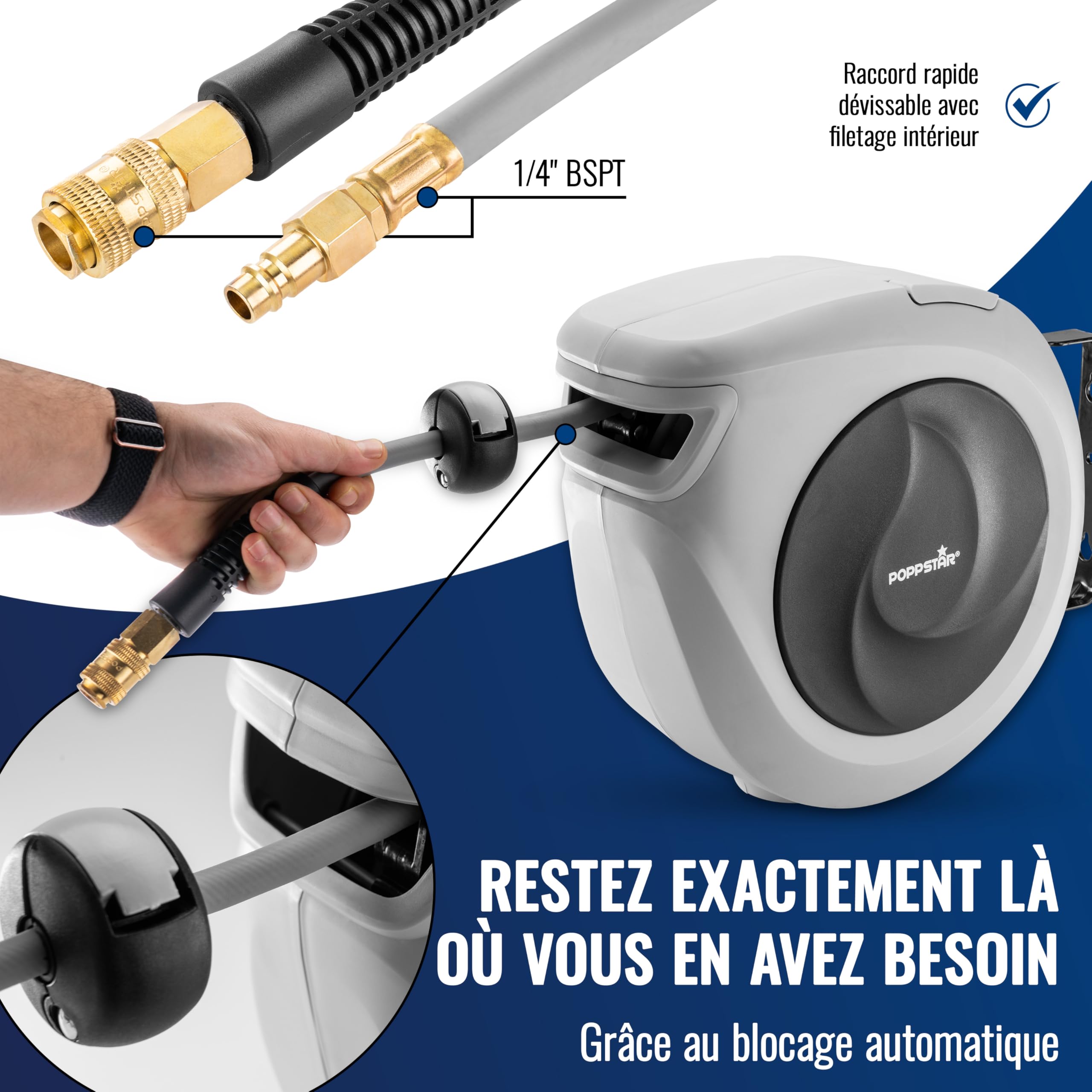 Poppstar Enrouleur de Tuyau d'Air Comprimé (15m + 1,1m, diamètre 3/8" (9,2x14mm)), Raccord 1/4" BSPT, avec Tuyau Hybride en PVC