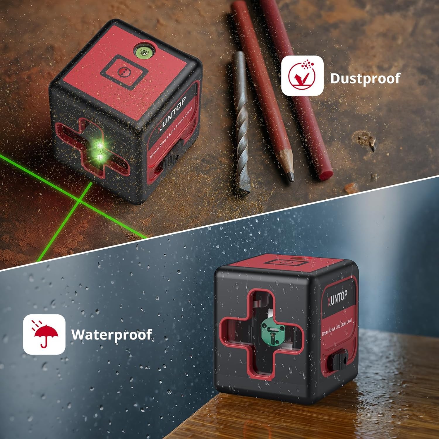 XUNTOP Nivel Laser Autonivelante 30m Nivel Láser Verde con Modo Autonivelante y Manual Nivelación Láser Recargable IP54 con Base Magnética para Obras de Construcción, Decoración del Hogar, DIY