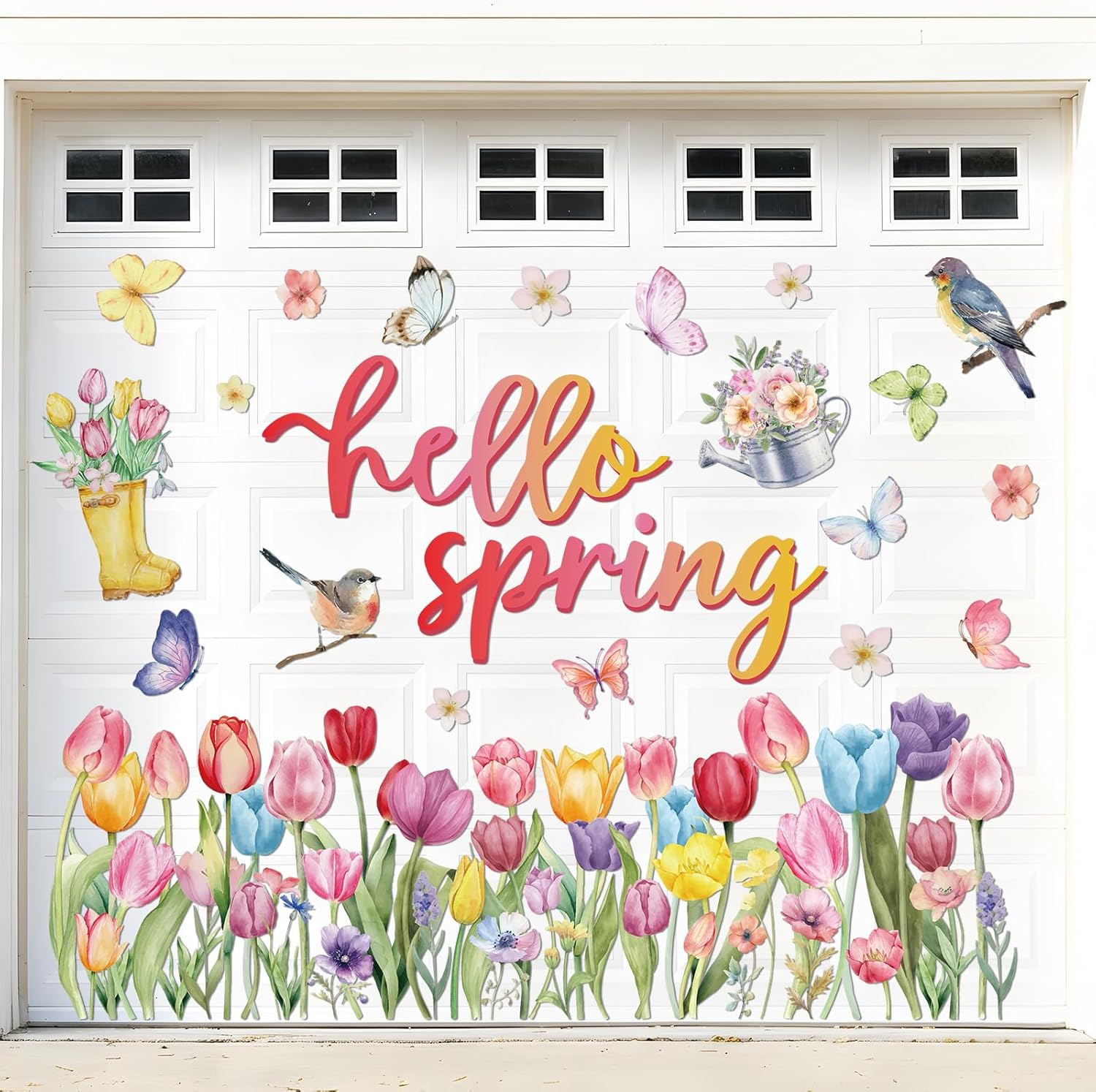 Spring Garage Door Decorations Magnets Hello Spring Floral Garage Door Magnets with Tulip Flowers Butterflies Birds Car Magnetic Stickers Magnetic Garage Door Decor for Home Decoration