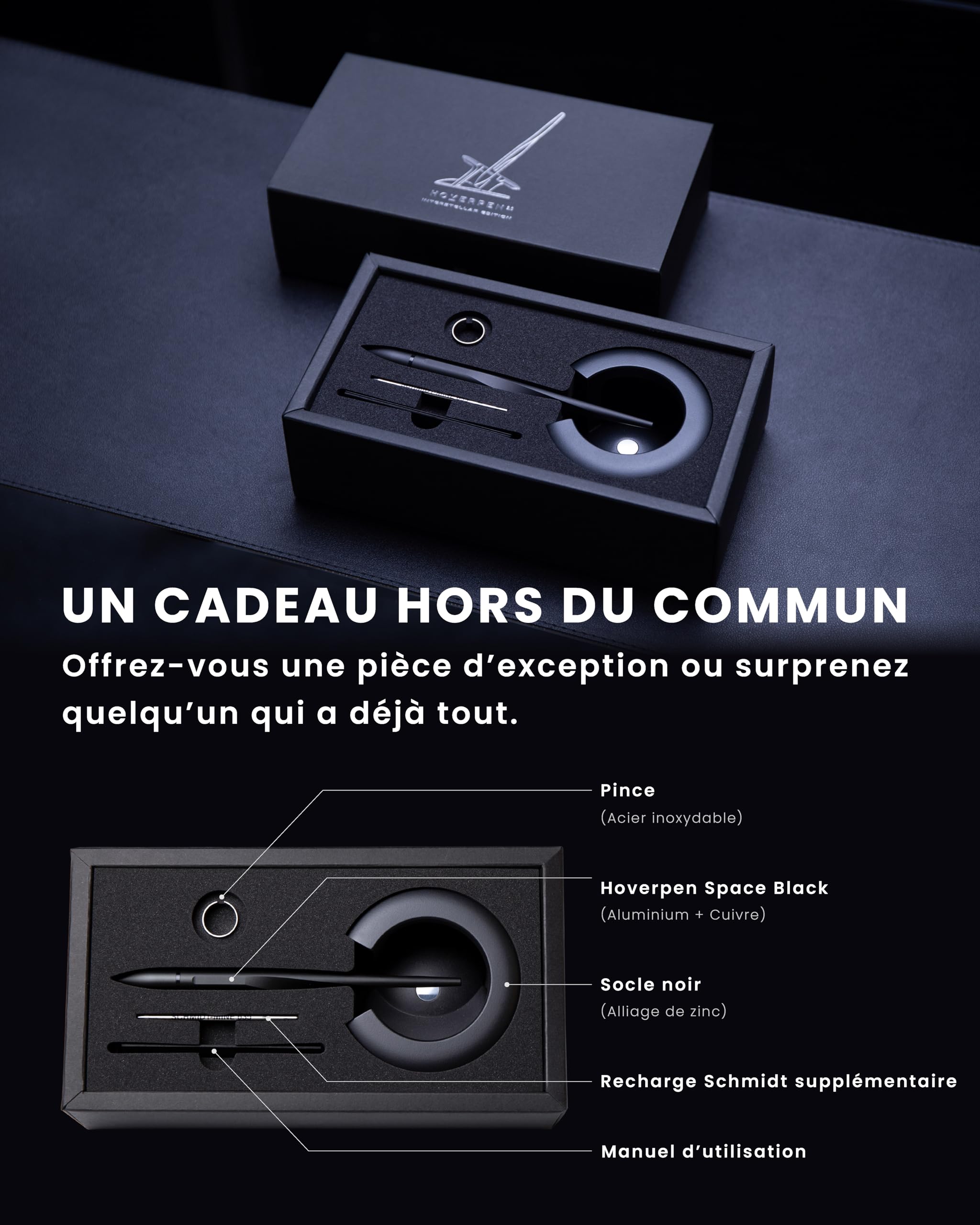 novium Hoverpen Interstellar - Stylo à Lévitation Magnétique, Design Inspiré de l’Espace, Stylo à Bille avec Recharges Schmidt, Idée Cadeau de Luxe, Space Black