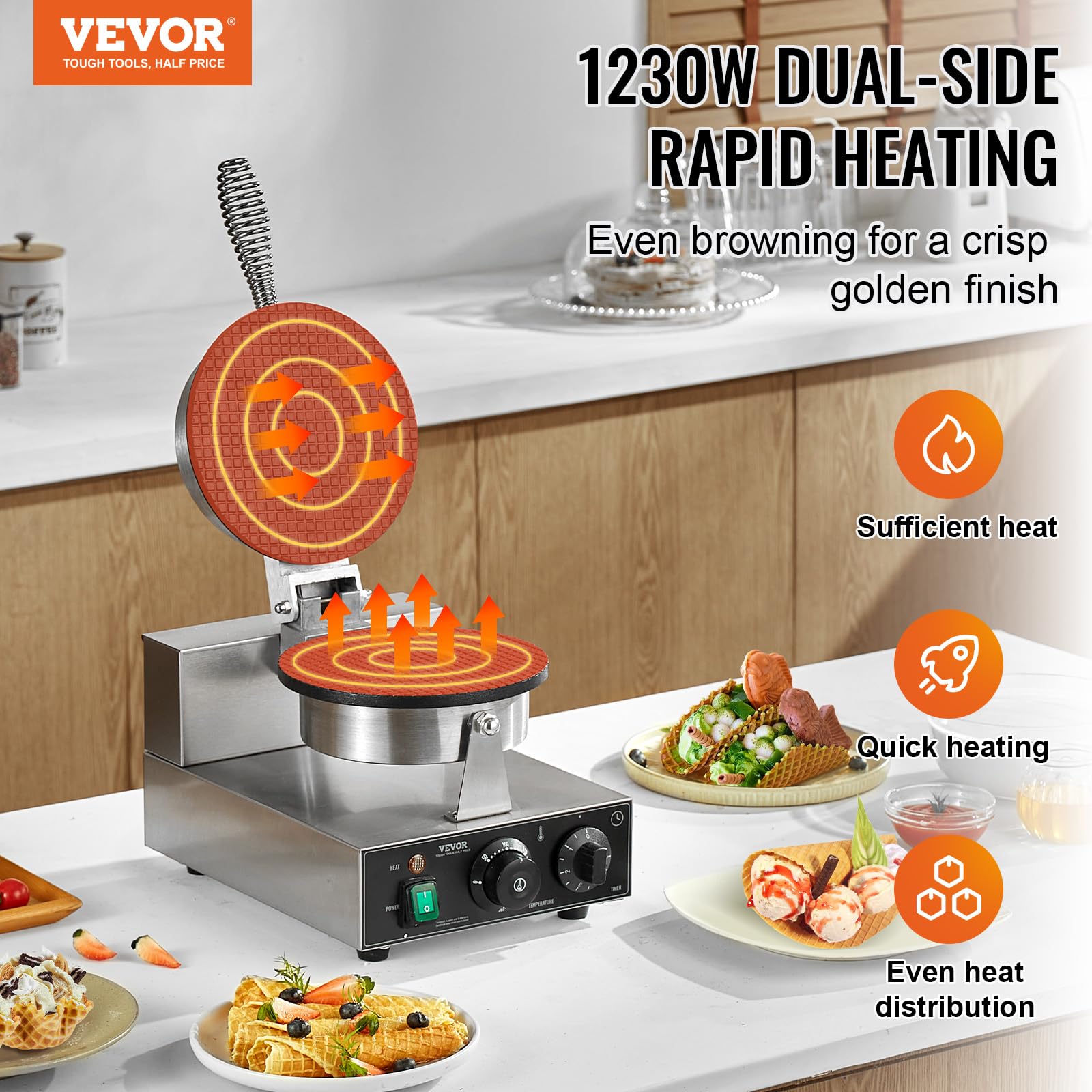 VEVOR Máquina Eléctrica para Hacer Conos de Helado, 1230 W, Molde Antiadherente para Rollitos de Huevo de Acero Inoxidable, con Control de Temperatura y Tiempo, Asa, para Restaurantes, Panaderías