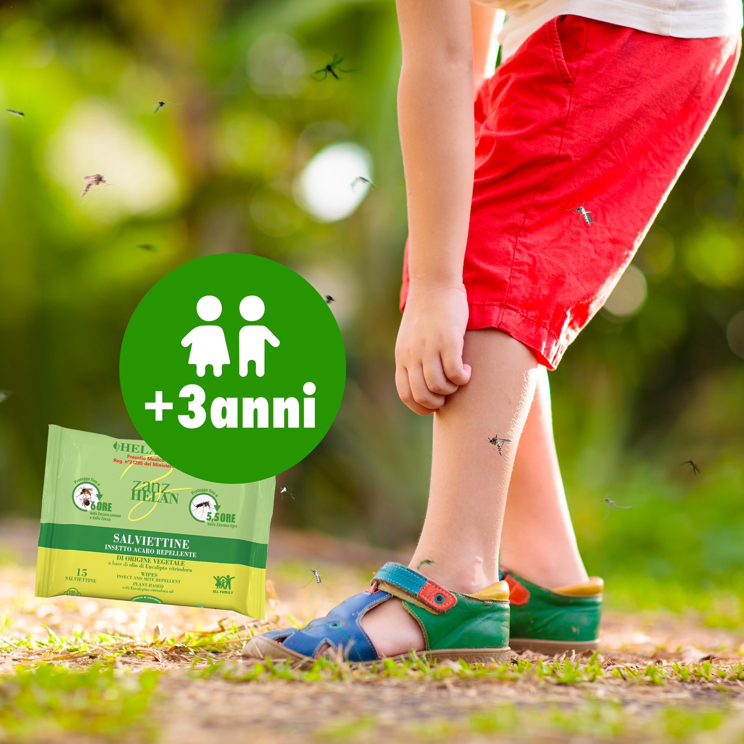 Helan Med Zanzhelan - Salviette Umidificate Antizanzare Bambini Adulti 100% Cotone Bio, Anti Zanzare con Olio di Neem, 15 Salviettine Repellente Zanzare Zecche Fino a 6 Ore, Presidio Medico Chirurgico