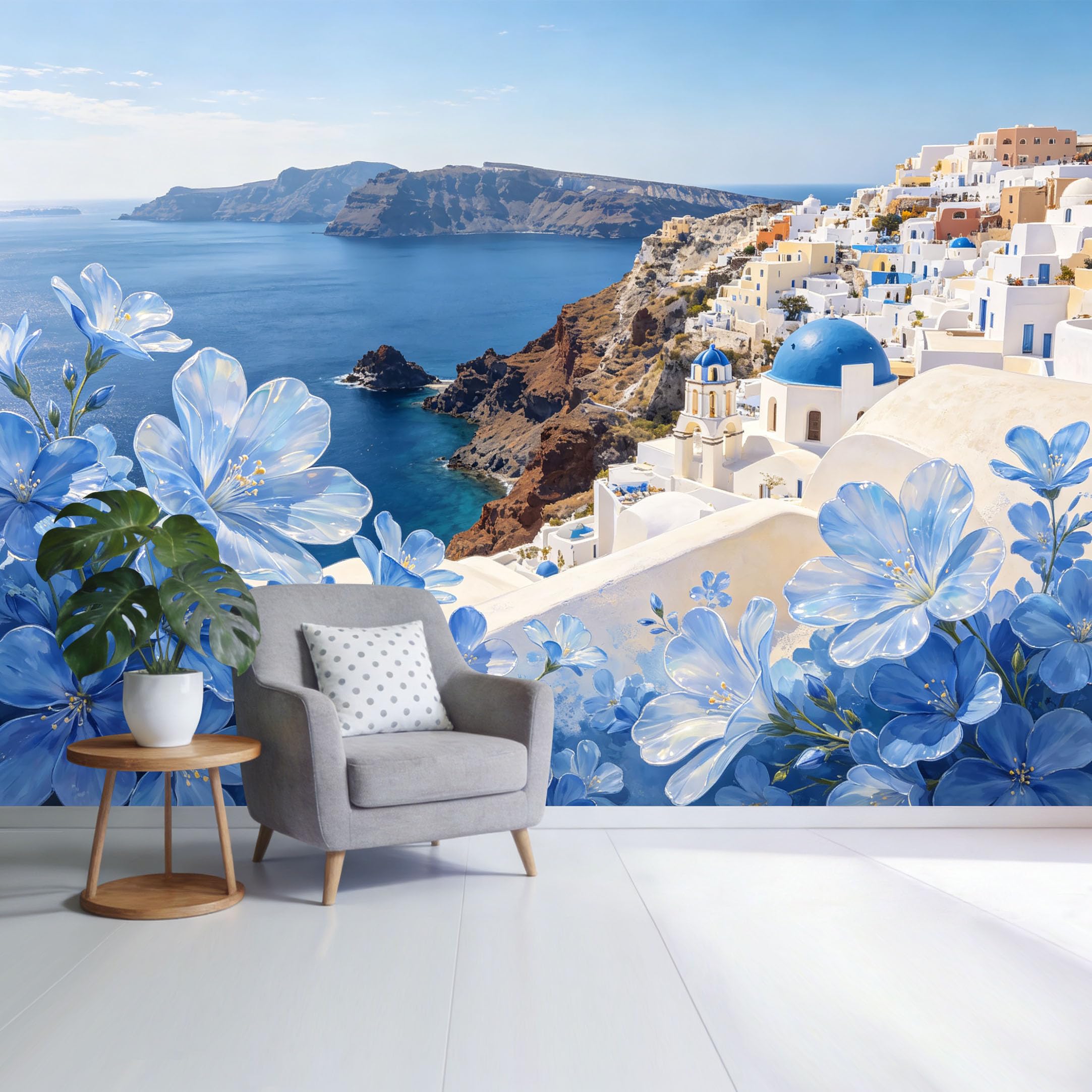 Custom Size Wall Mural Coastal Santorini Blue Dome Village Sea View Watercolor Floral Ocean Landscape SelfAdhesive Wall Fabric Removable Wallpaper for Home Office Decor