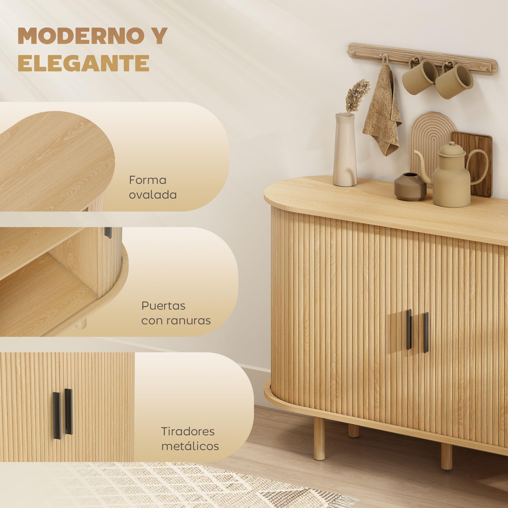 HOMCOM Aparador con Puertas Tambour Deslizantes, Aparador para Salón Moderno, con 4 Compartimentos y Patas de Madera, para Cocina, Entrada, Dormitorio, Roble, 120x40x78 cm