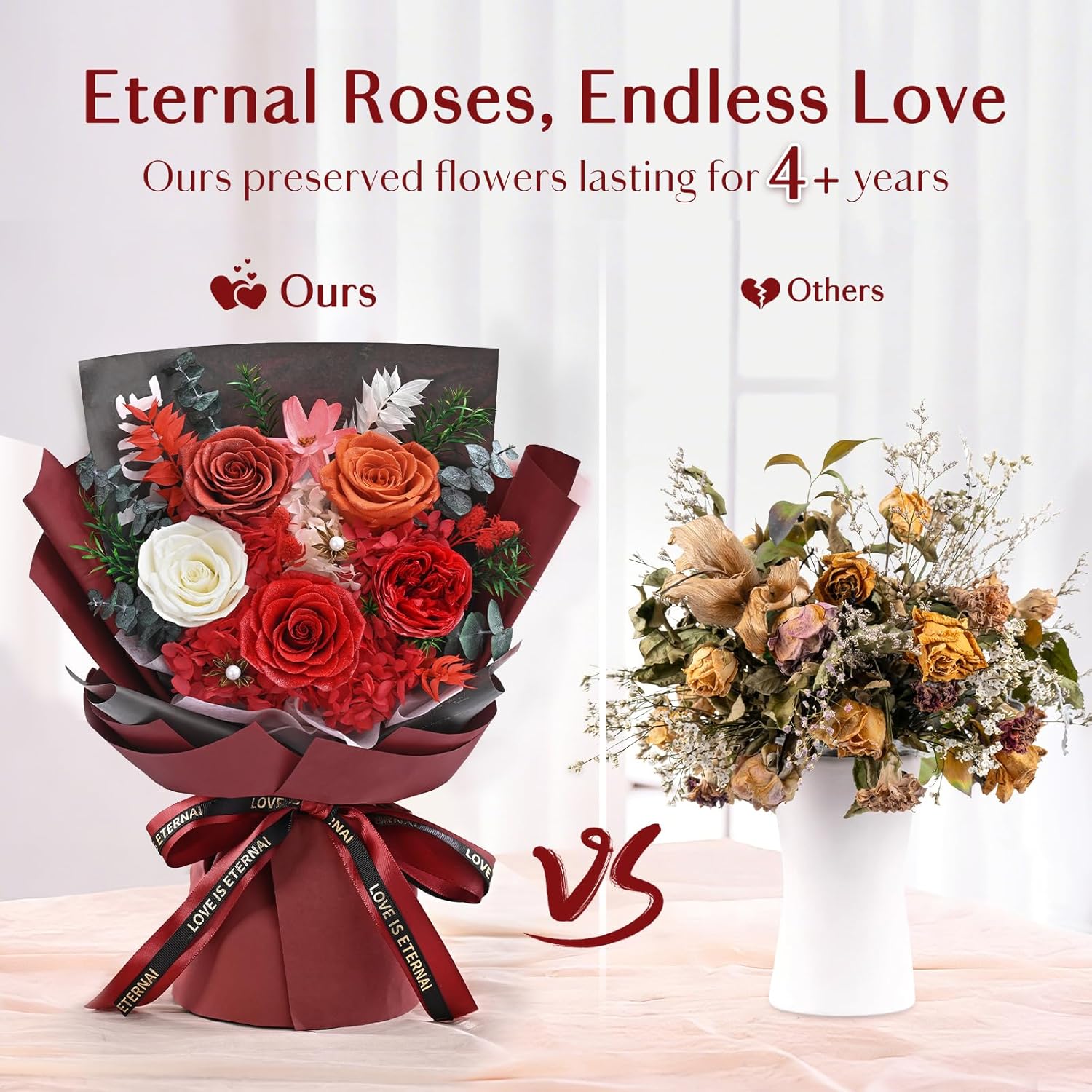 5 Pcs Glitter Red Preserved Roses Flowers Bouquet, Forever Rose Flowers for Delivery, Valentines Day Gifts for Her Women, Long-Lasting Red Roses with Vase Gift Box, Forever Flowers for Wife Mom - Image 3