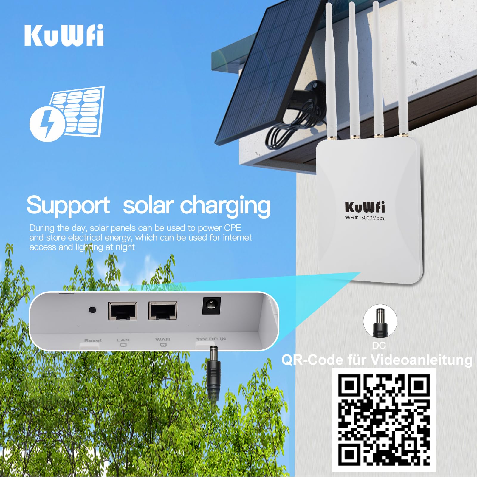 KuWFi Outdoor WiFi 6 Repeater & Extender, Punto di accesso WiFi 6 AX3000 Mbps 2,4 GHz e 5 GHz Point Bridge with 4 High Gain Antennas, Gigabit Port, Poe Powered, Supporto MU-MIMO, Seamless Roaming