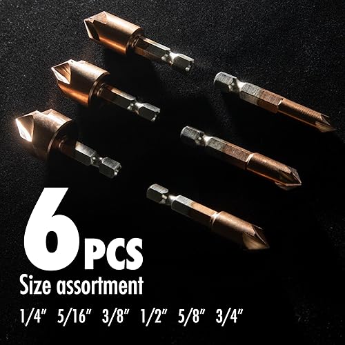 Miniatura 4 de Juego de 6 brocas avellanadas de cobalto M35 para metal con estuche de 82 grados 14 pulgadas vástago hexagonal HSS 5 flautas centrales para madera,