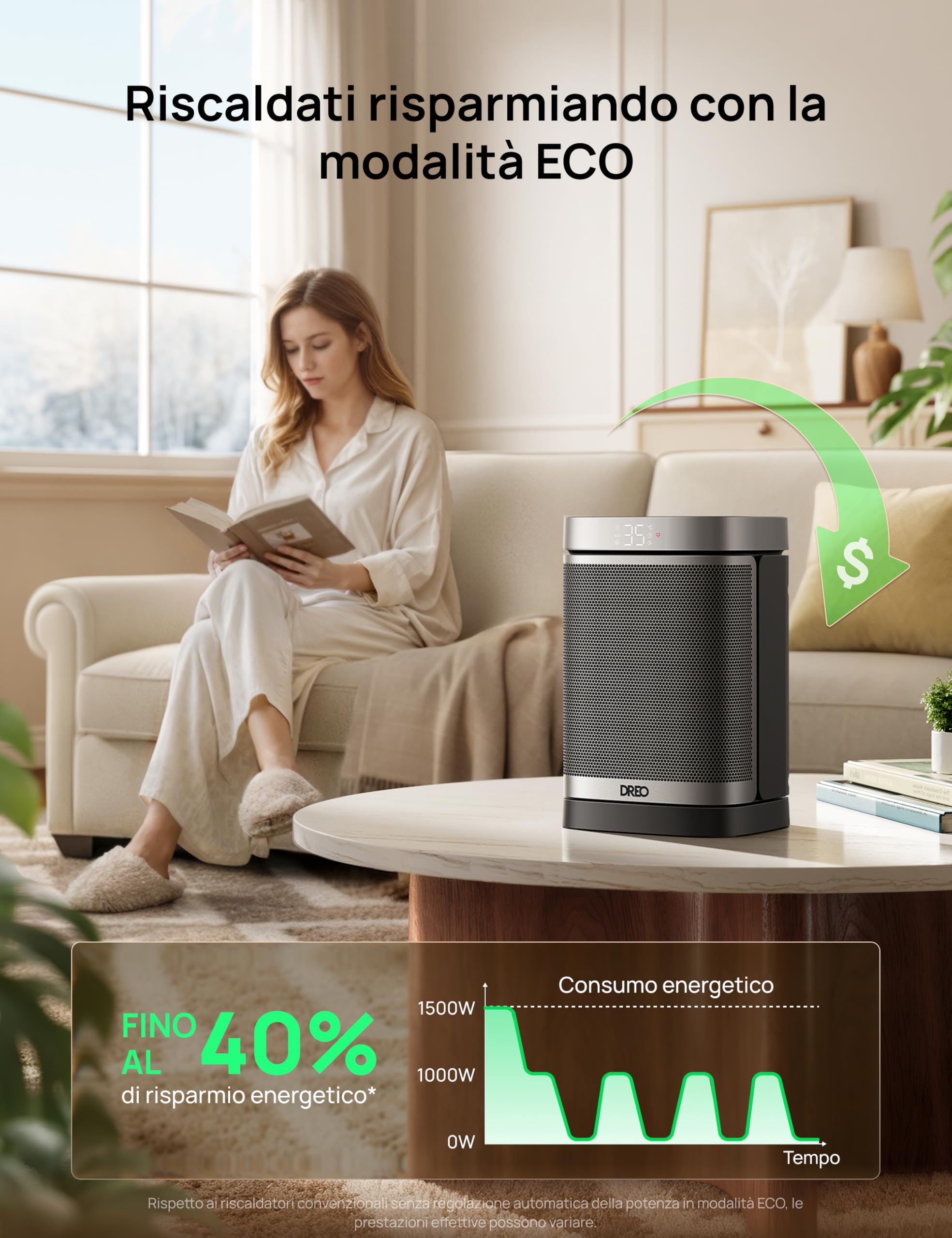 Dreo Riscaldatore intelligente per spazio, Riscaldatore elettrico in ceramica PTC oscillante a 70° con termostato, Telecomando, 3 modalità 3 velocità, Modalità ECO per risparmio energetico