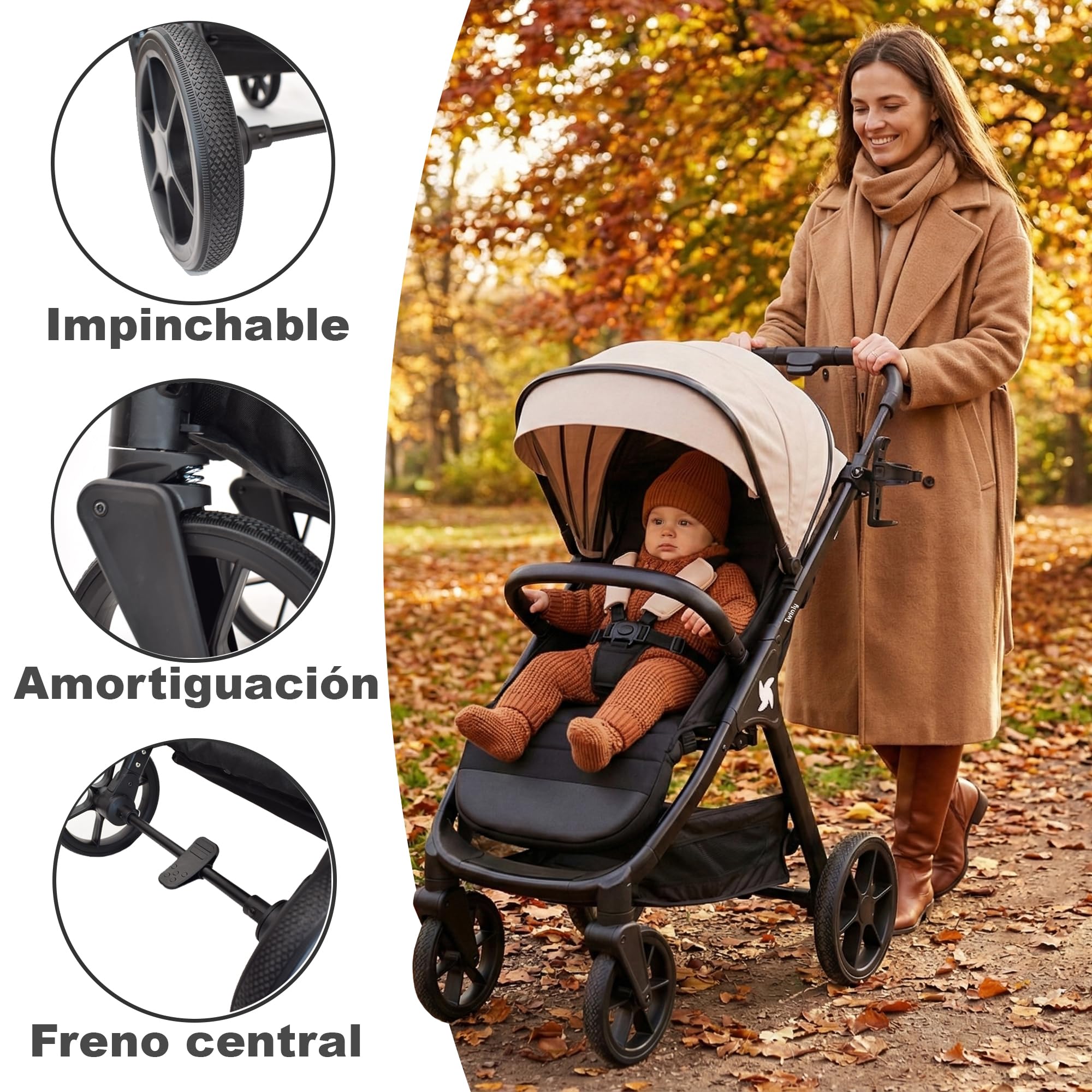 Twinly - Spacely - Silla de Paseo Ligera hasta 22kg | Carro Bebé Robusto con Ruedas Grandes Todoterreno, Respaldo Alto y Capota XXL | Cochecito con Plástico de Lluvia y Posavasos (Rosa)