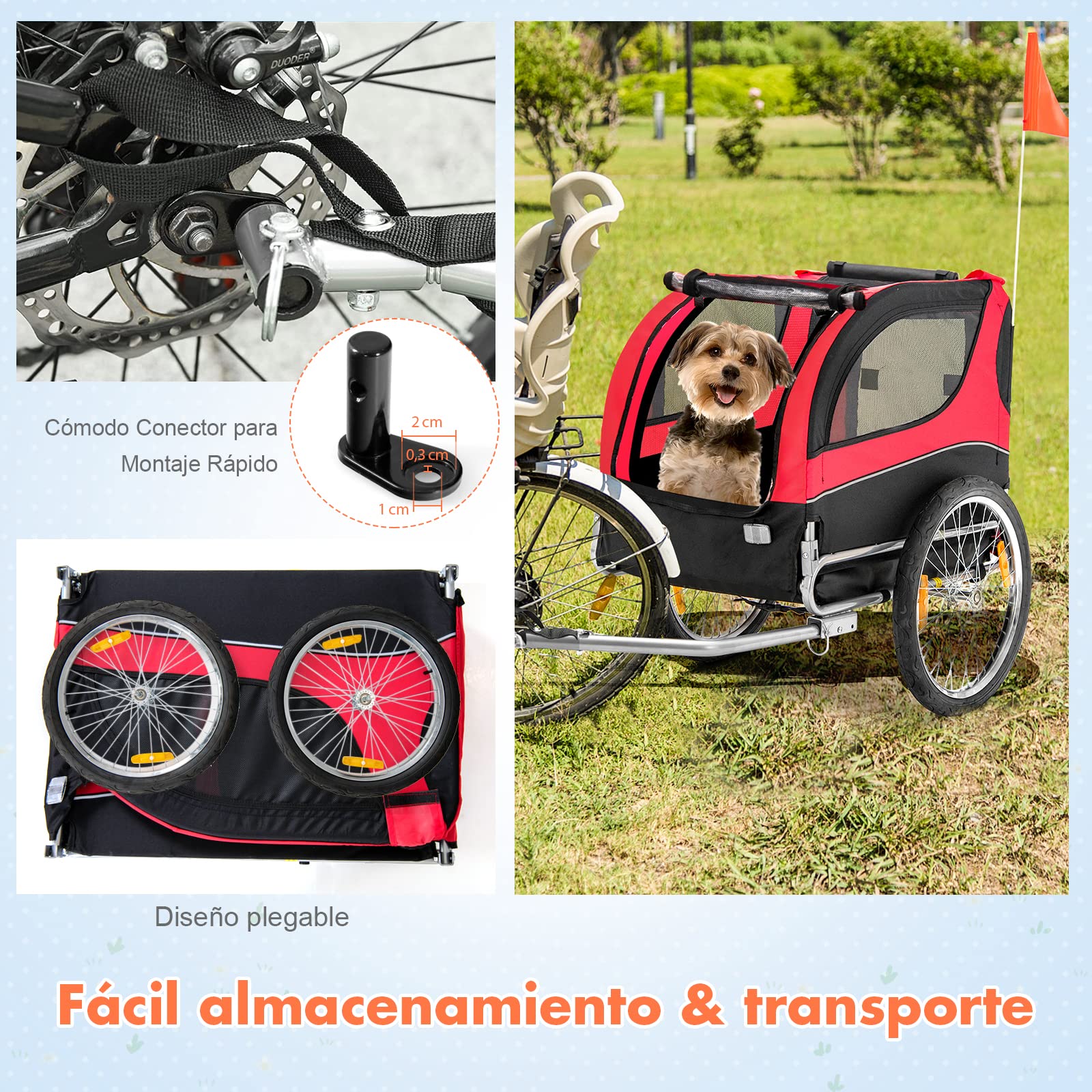 COSTWAY Remolque de Bicicleta para Mascotas, Remolque Bicicleta Perros Pequeños y Medianos con Ruedas, Transportador de 2 Puertas con Techo Solar, Capacidad 40 kg, 60,5 x 135 x 95 cm