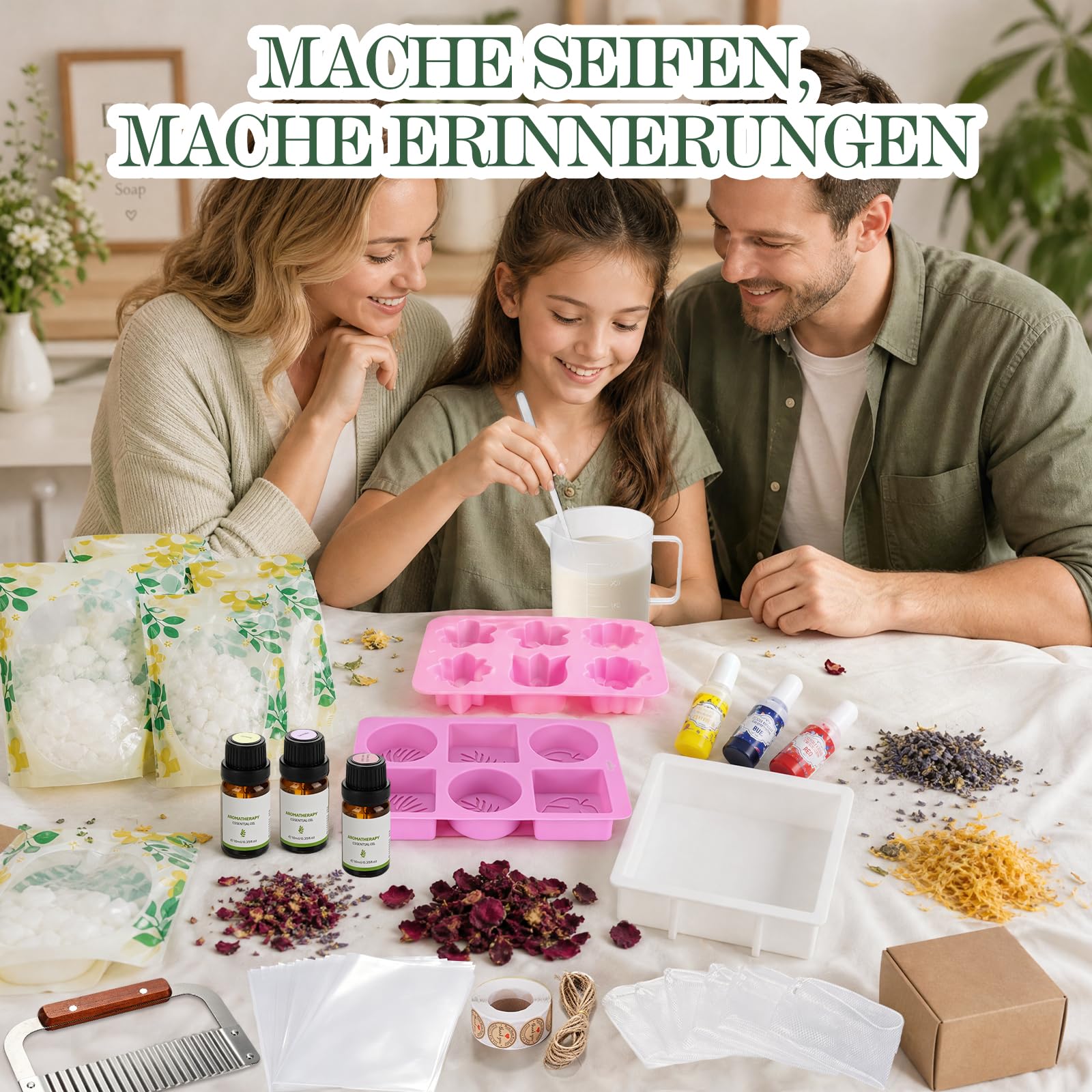Seifen Selber Machen Set, Kreative Seifen DIY Set für Erwachsene | 1,5kg Seifenbasis, 3 Düfte, 3 Farben, 3 Silikonformen, Seifenmesser & Geschenkverpackung, Handmade Seifen Bastelset