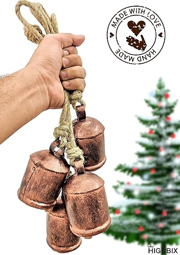 Miniatura 3 de HIGHBIX Harmony - 4 campanas de vaca en racimo en cuerda, grandes, rústicas, vintage, campanas de vaca de la suerte en cuerda para colgar en la