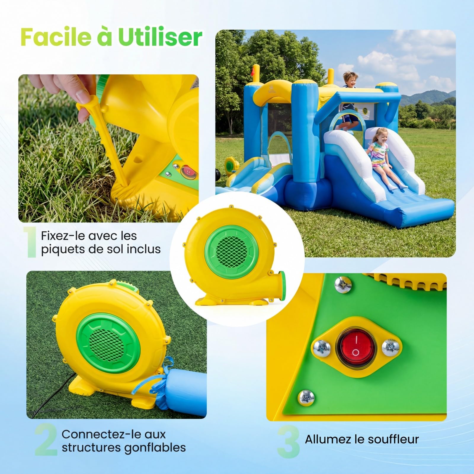 COSTWAY Gonfleur Électrique 350/450/550/680/750/850/950W avec Poignée Pratique & Piquets de Sol, Pompe à Air Électrique avec Cordon & Couvercle en Maille, Souffleur d'air pour Château Gonflable