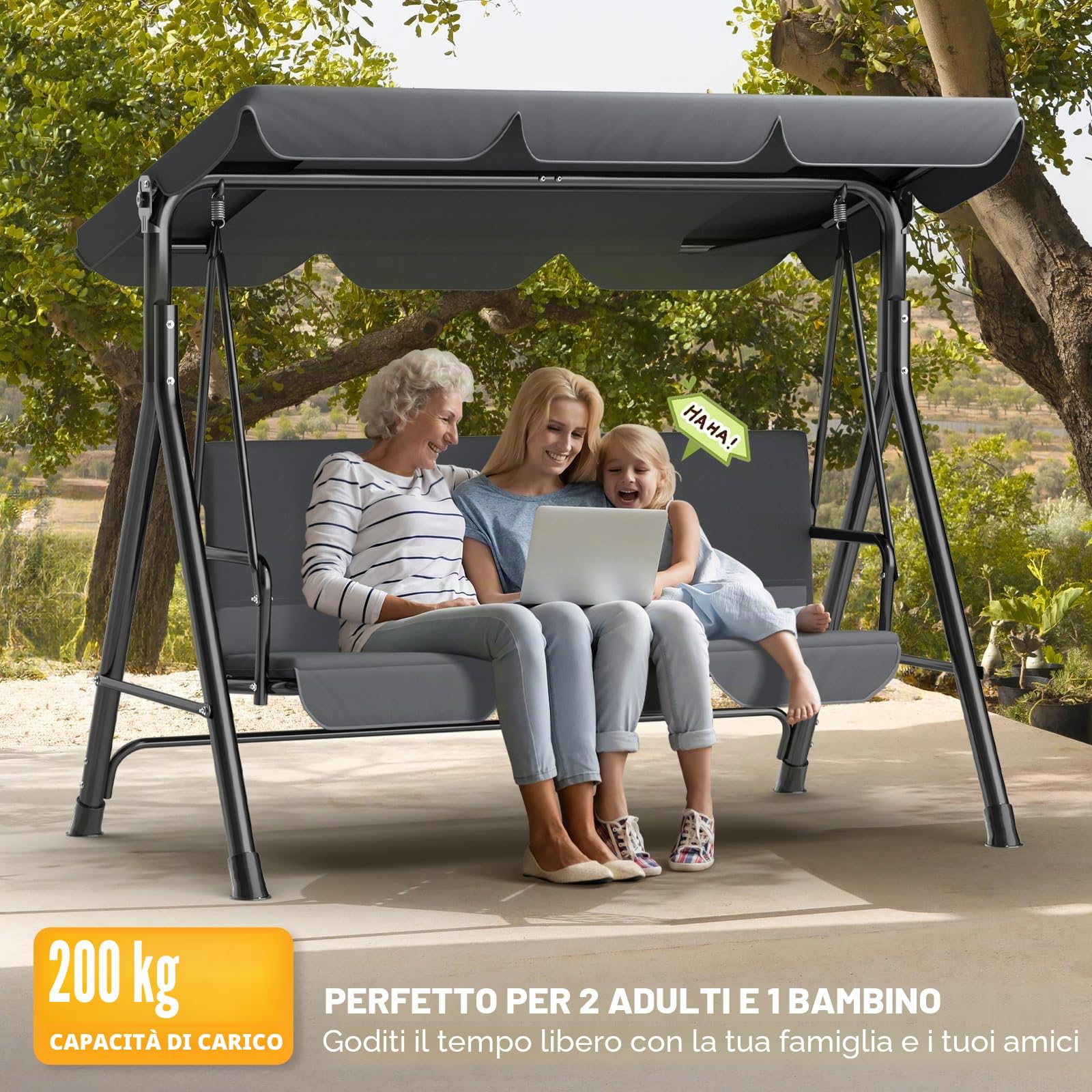 Dondolo da giardino a 3 posti, per esterni, con tettuccio parasole regolabile, piedini antiscivolo, resistente alle intemperie, altalena, portata 200 kg, colore: antracite