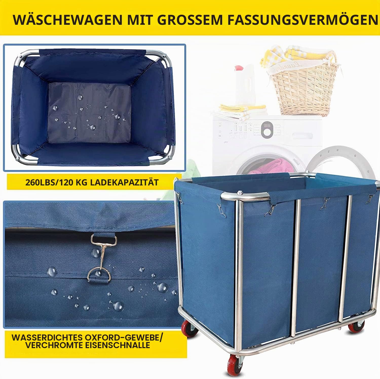 Wäschewagen 400L, Kommerziell Edelstahl Wäschewagen mit Rollen,90x65x80cm