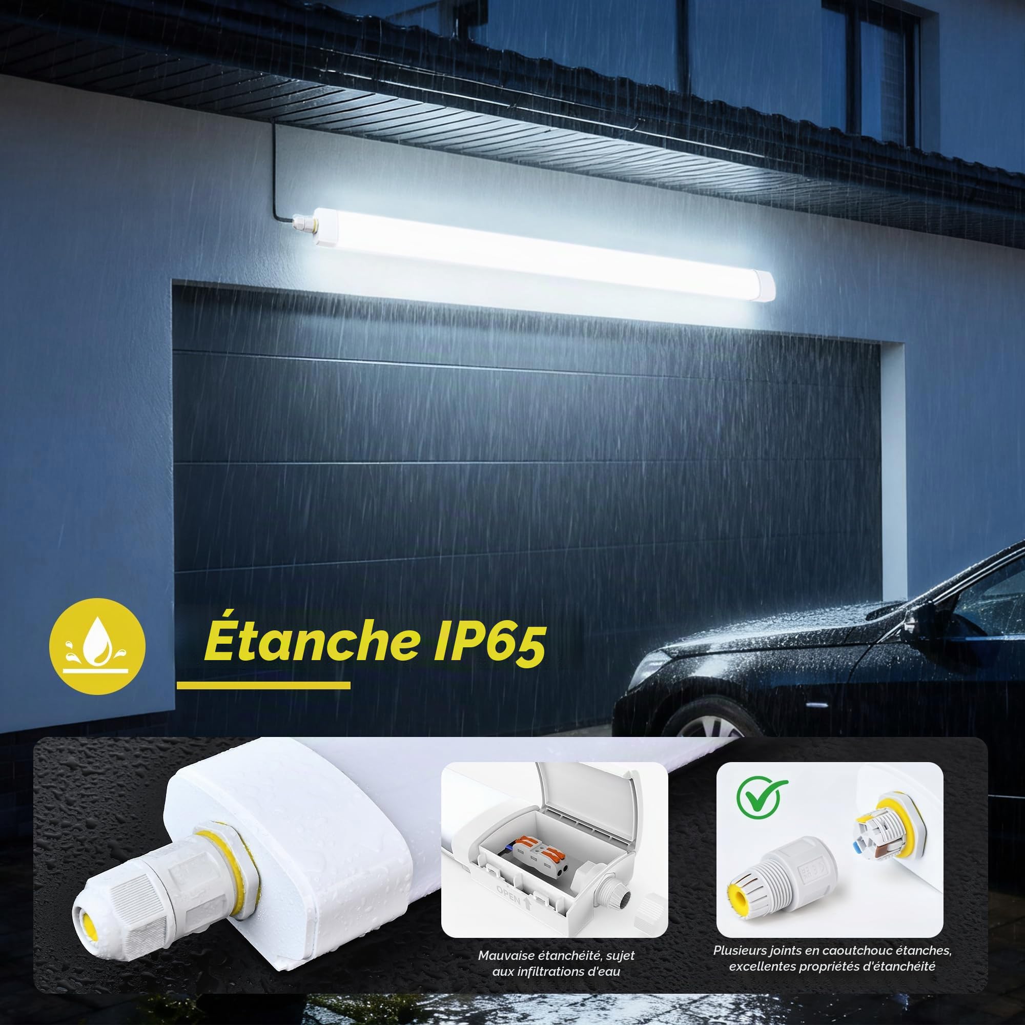 GeyouLux Réglette LED 120 cm, 40W 5040 lm 5000K Blanc Froid IP65 Étanche, Neon LED garage avec fil de terre, 192 LEDs sans scintillement, Tube plafonnier pour garage atelier cave, Blanc