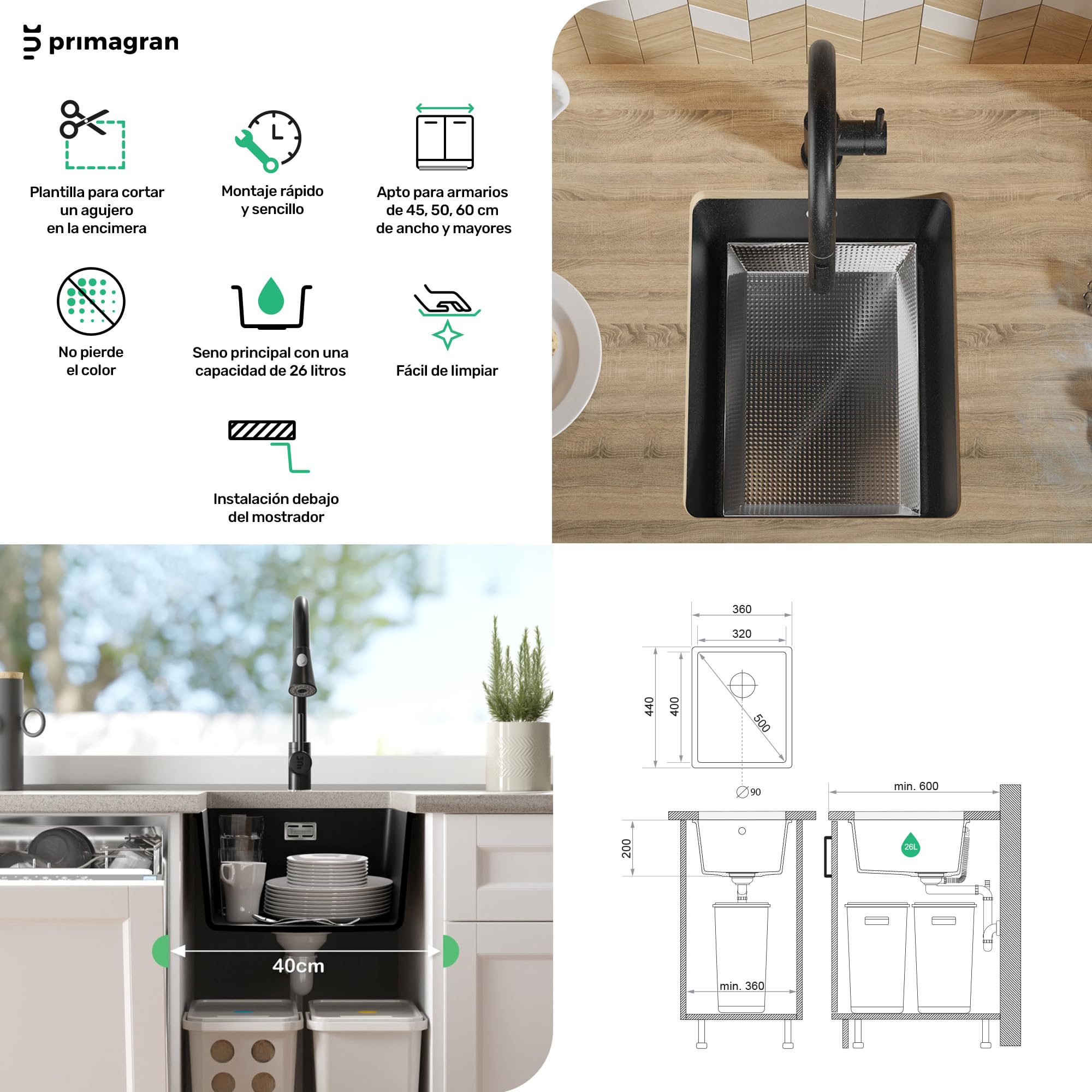 PRIMAGRAN Fregadero bajo Encimera Negro - Venecia Easy, 36x44cm | Cocina 1 Seno + Sifón, Granito al Mueble 40cm (S001)