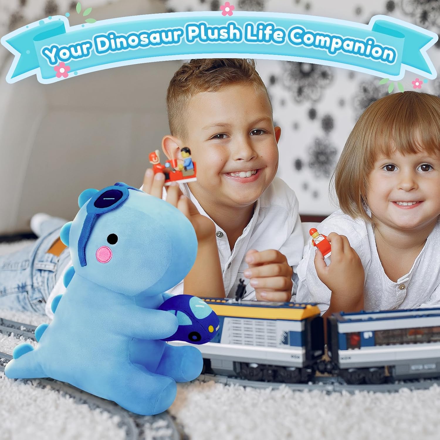 SQEQE Dinosaur Stuffed Animal, Cute Dinosaur Plush Toys with Car, Dino Plushies Anniversary Birthday Gift for Her Girls Boys Boyfriend Girlfriend(Blue,12 inch)