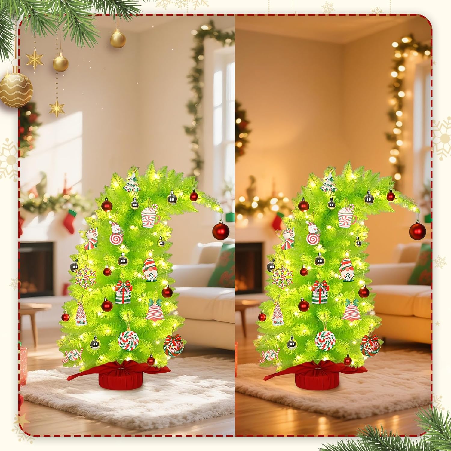 3.4FT Whimsical Christmas Tree, Bendable Christmas Trees with Lights Xmas Ornaments, Lime Green Christmas Tree, Artificial Tree for Christmas Holiday Party Decor