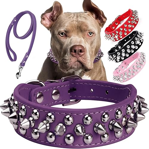 Epesiri Collar de perro con tachuelas con una correa, collares de cuero artificial con remaches, collar de cuero ajustable y duradero para mascotas