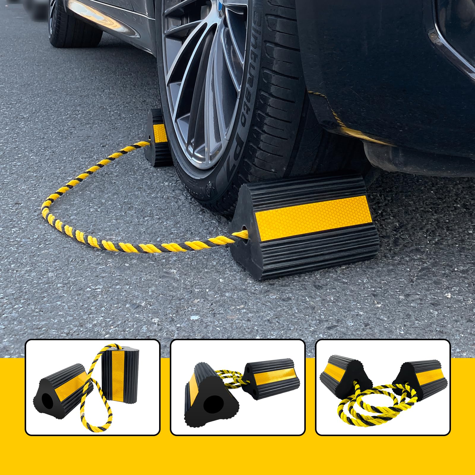 HOXWELL Unterlegkeile (2 Paar/4 Stück mit Seil) für Wohnmobil, Anhänger, Camper, LKW, Auto, Flugzeug, vielseitiger, robuster Gummi-Radkeile mit 3 reflektierenden Streifen, Reifenrad-Wegfahrsperre und