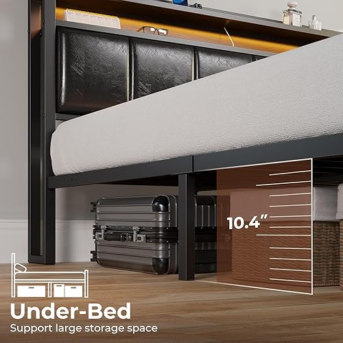 Miniatura 5 de Rolanstar Base de cama tamaño King con estación de carga y luces LED, cabecera de piel sintética con estantes de almacenamiento, listones de metal